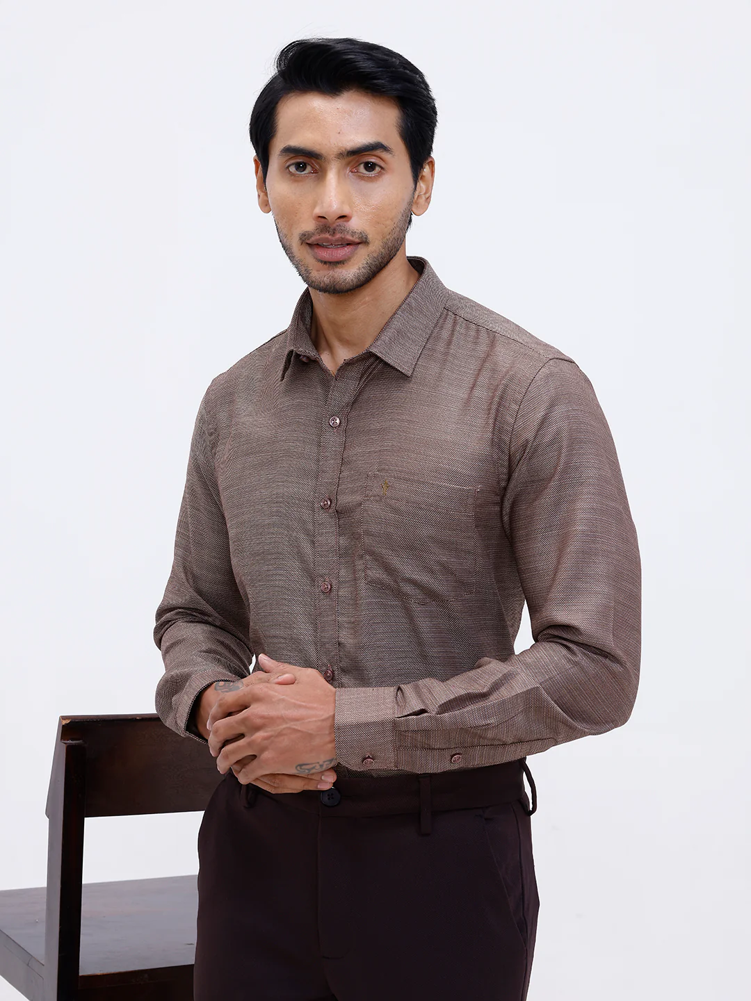 Men Cotton Rich Full Sleeve Shirt Brown Dobby T59 AIT4 - Image 7