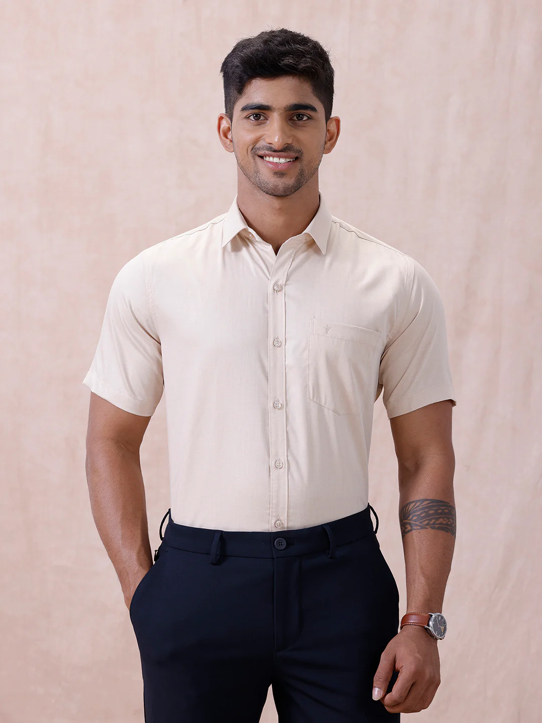 Men Cotton Rich Shirt Lt Beige Sandal T61 AKT1 - Image 2