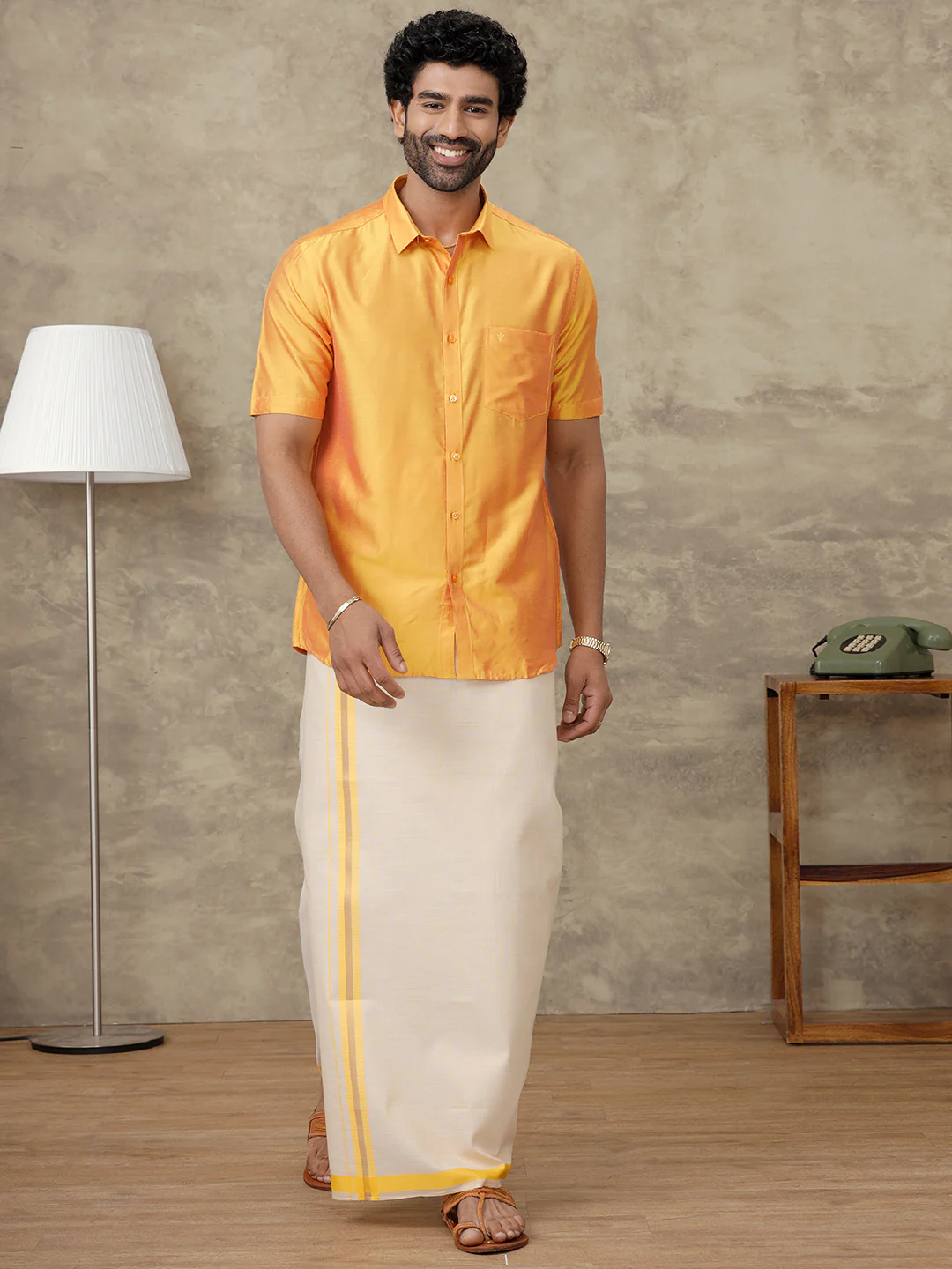 Men Cotton Rich Gold Shirt and Tissue Dhoti Set SMC7 - Image 2