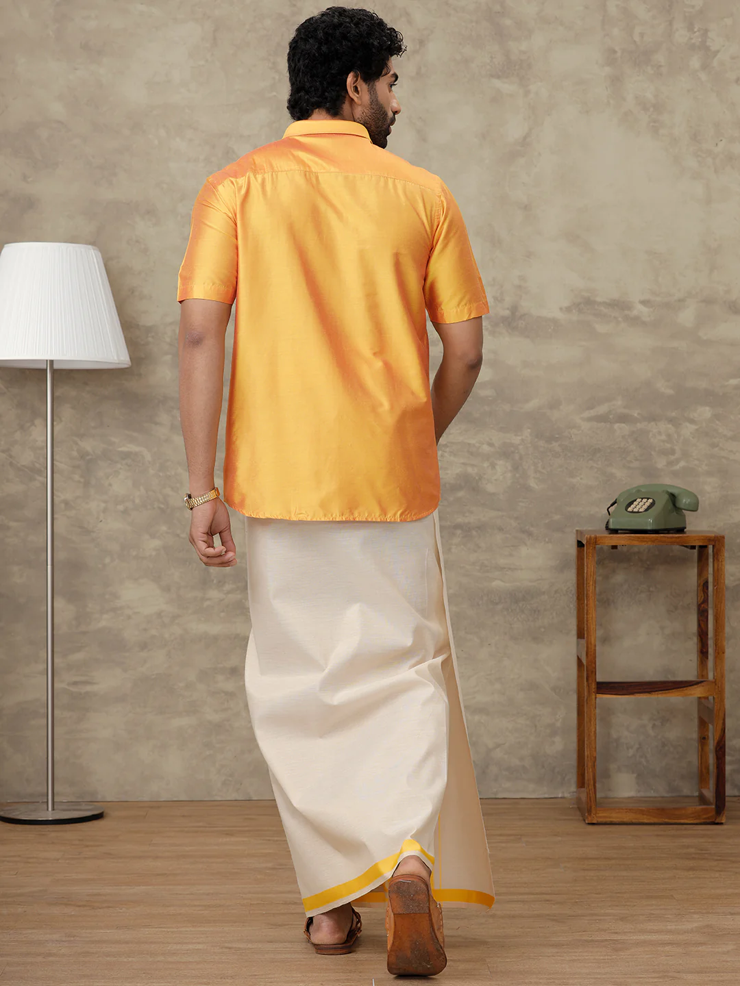 Men Cotton Rich Gold Shirt and Tissue Dhoti Set SMC7 - Image 4