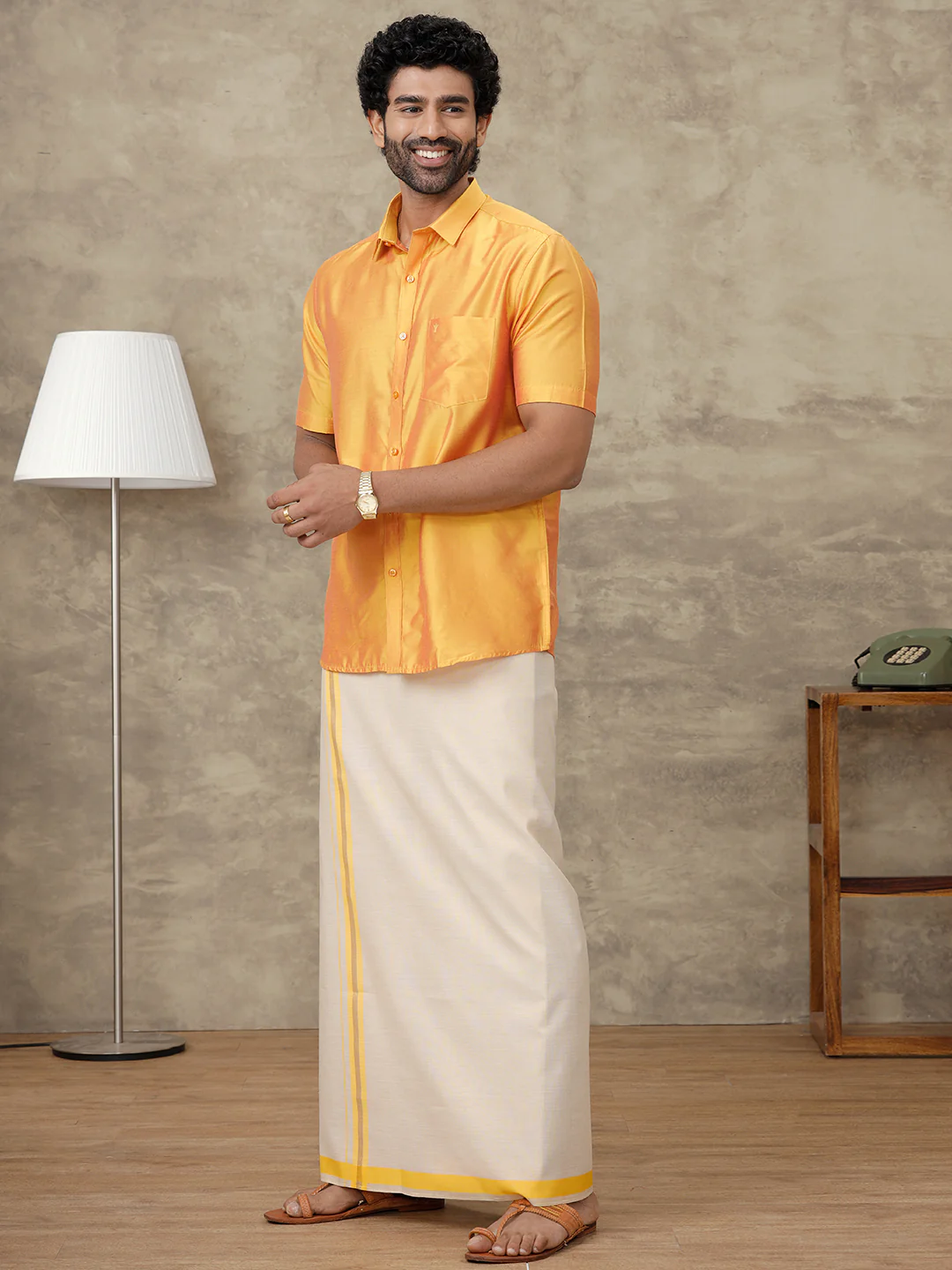 Men Cotton Rich Gold Shirt and Tissue Dhoti Set SMC7 - Image 6