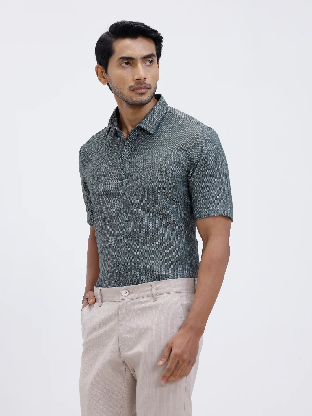 Men Cotton Rich Half Sleeve Shirt Green Dobby T59 AIT3 - Image 3