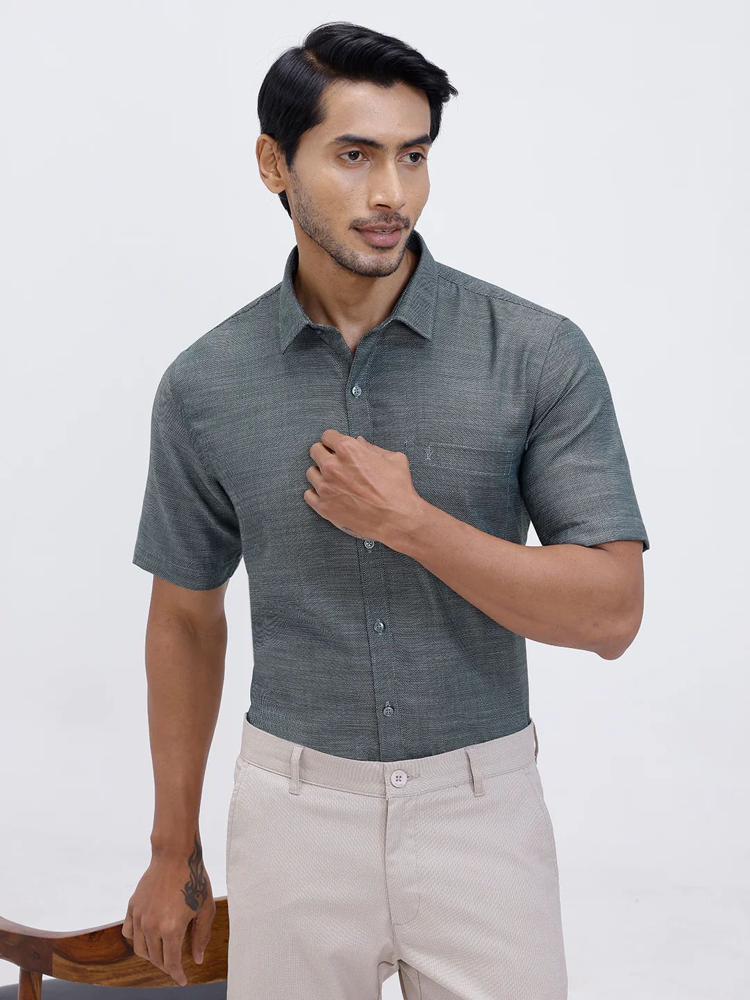 Men Cotton Rich Half Sleeve Shirt Green Dobby T59 AIT3 - Image 6