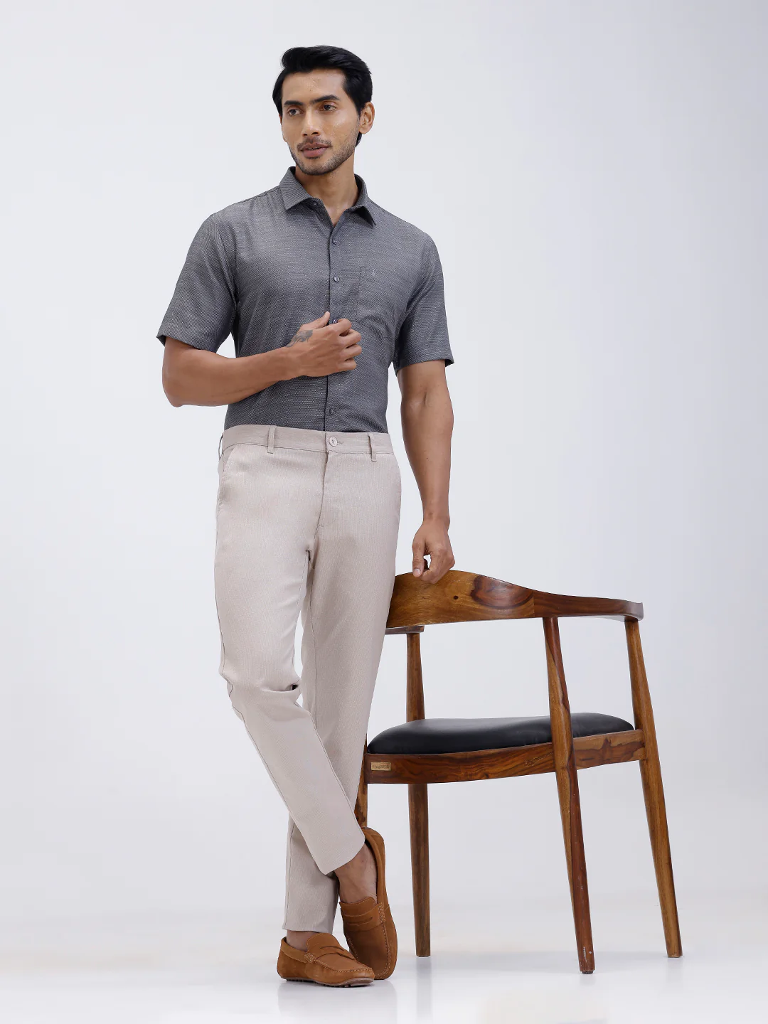 Men Cotton Rich Half Sleeve Shirt Grey Black Dobby T59 AIT5 - Image 2