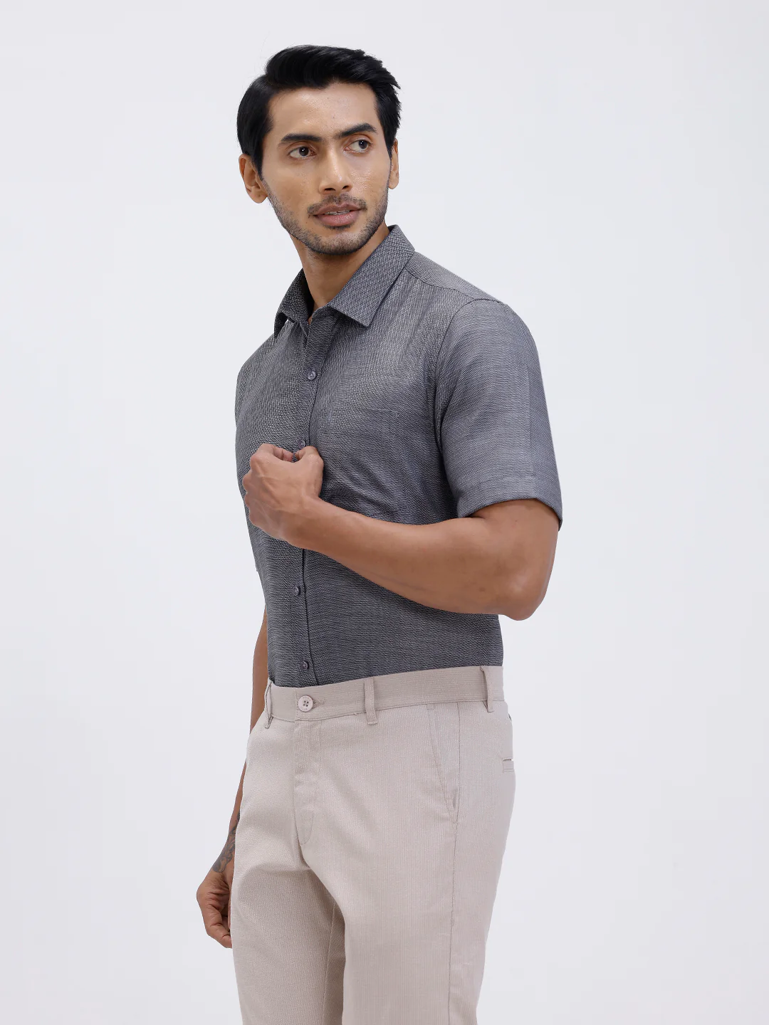 Men Cotton Rich Half Sleeve Shirt Grey Black Dobby T59 AIT5 - Image 4