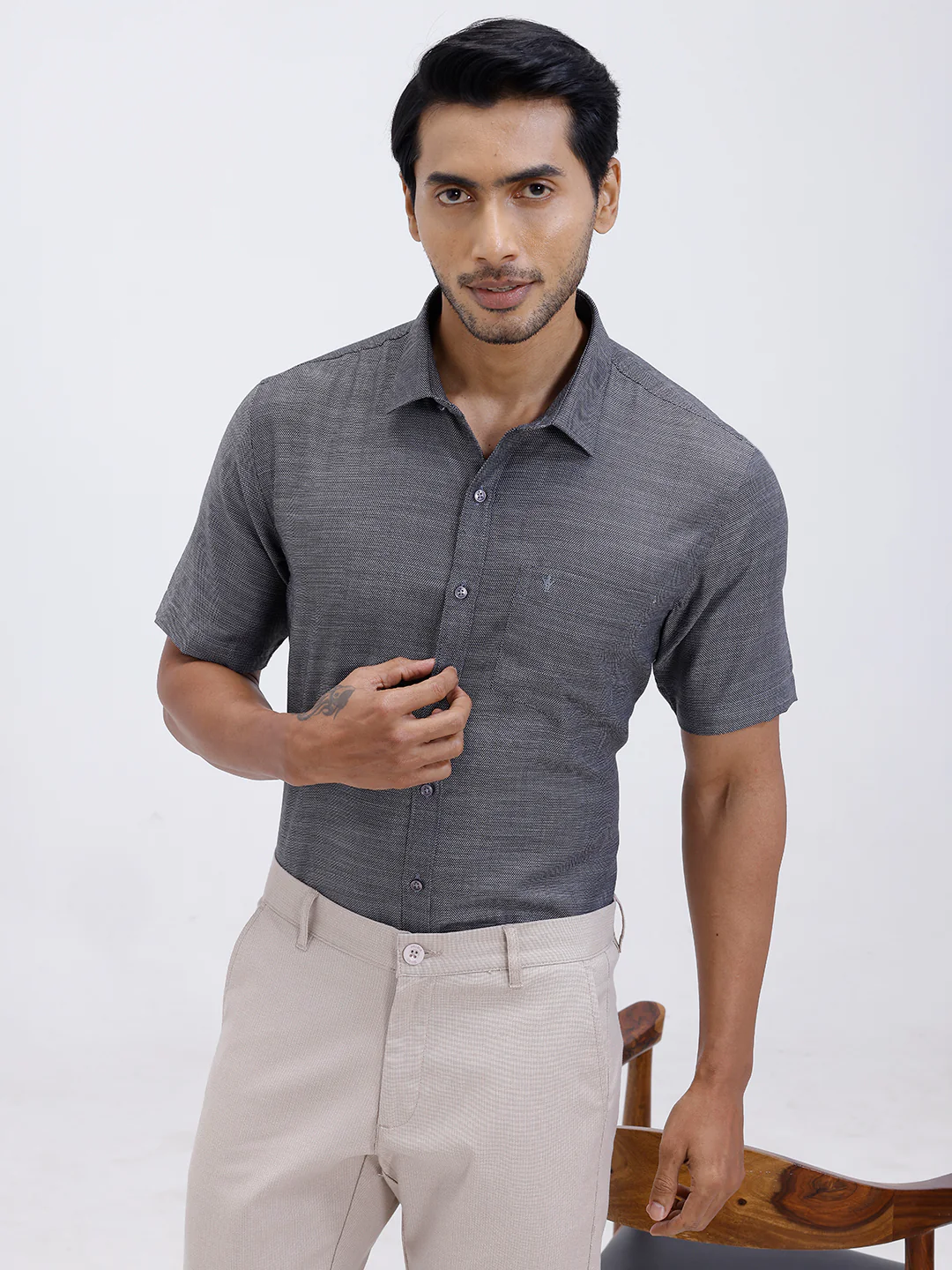 Men Cotton Rich Half Sleeve Shirt Grey Black Dobby T59 AIT5 - Image 7