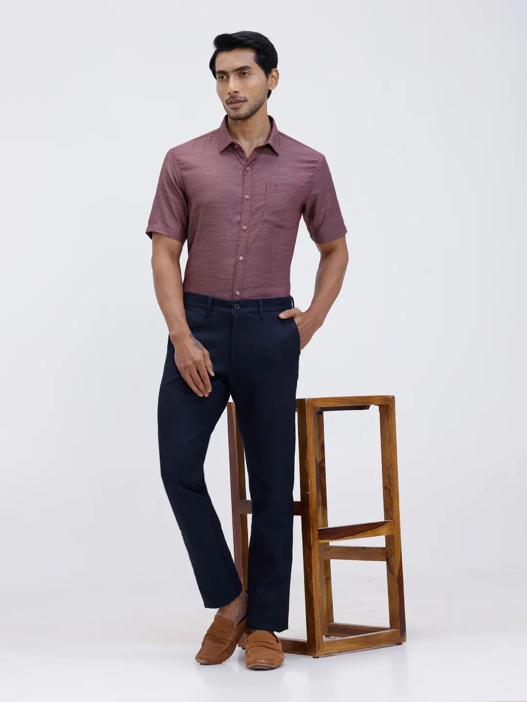 Men Cotton Rich Half Sleeve Shirt Maroon Red Dobby T59 AIT2 - Image 2