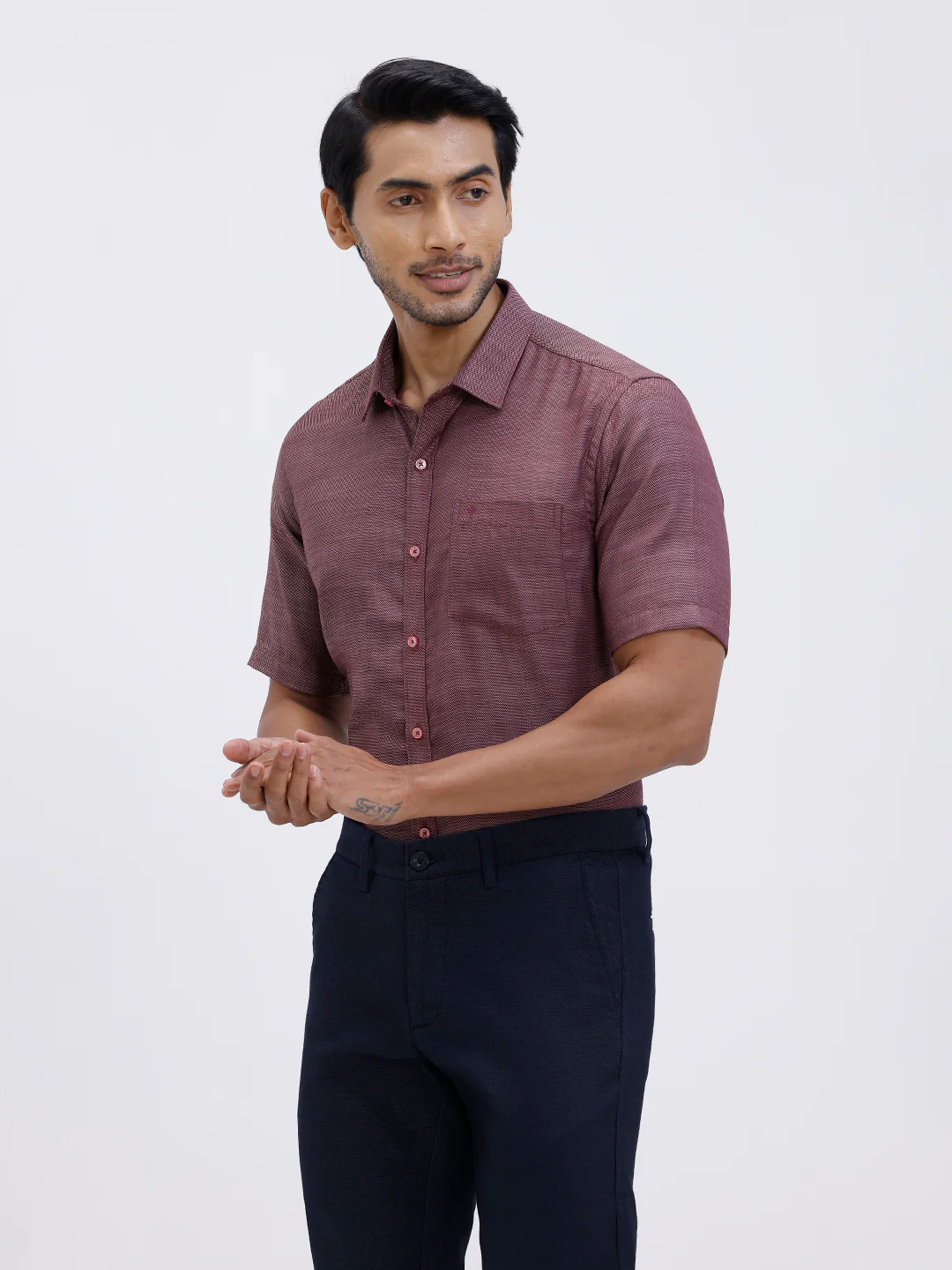 Men Cotton Rich Half Sleeve Shirt Maroon Red Dobby T59 AIT2 - Image 4