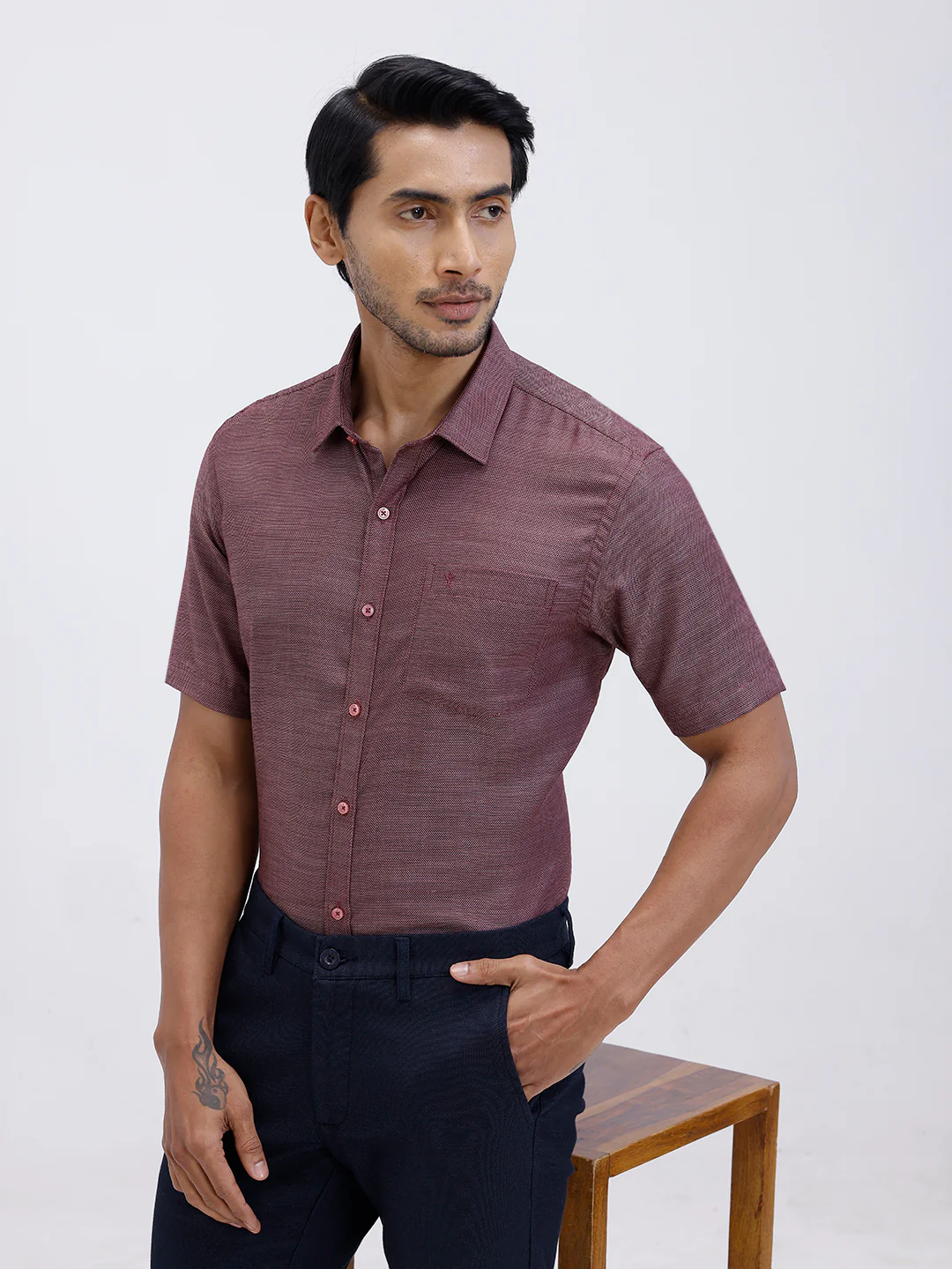 Men Cotton Rich Half Sleeve Shirt Maroon Red Dobby T59 AIT2 - Image 7