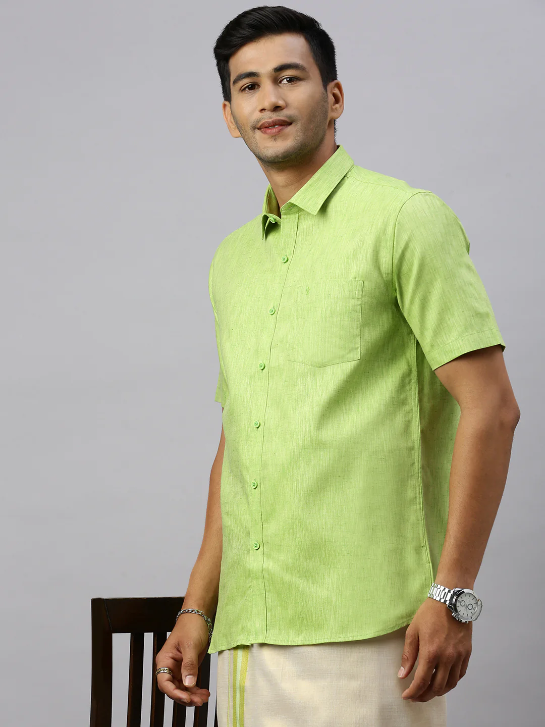 Men Cotton Rich Lite Green Shirt and Tissue Dhoti Set C82 - Image 3