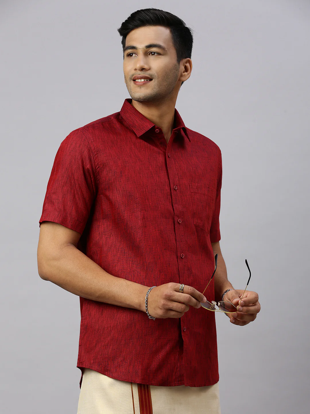 Men Cotton Rich Maroon Shirt and Tissue Dhoti Set C81 - Image 3