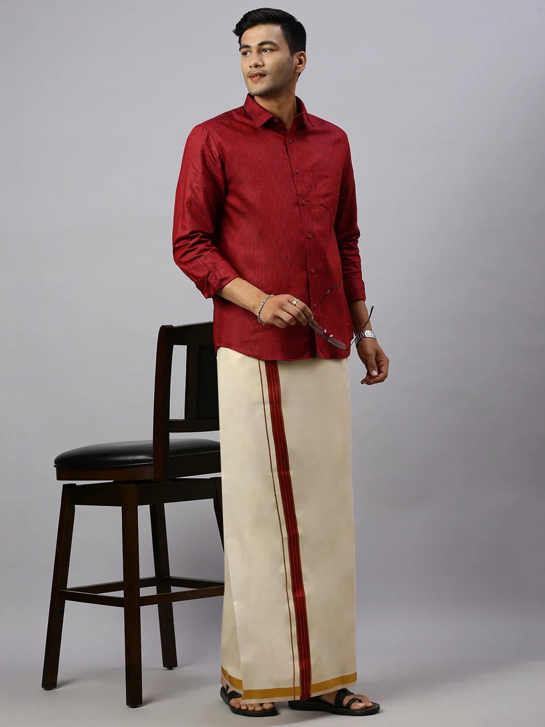 Men Cotton Rich Maroon Shirt and Tissue Dhoti Set C81 - Image 4