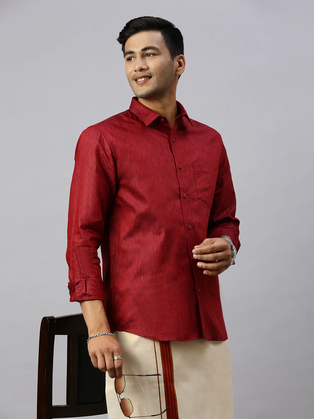 Men Cotton Rich Maroon Shirt and Tissue Dhoti Set C81 - Image 5