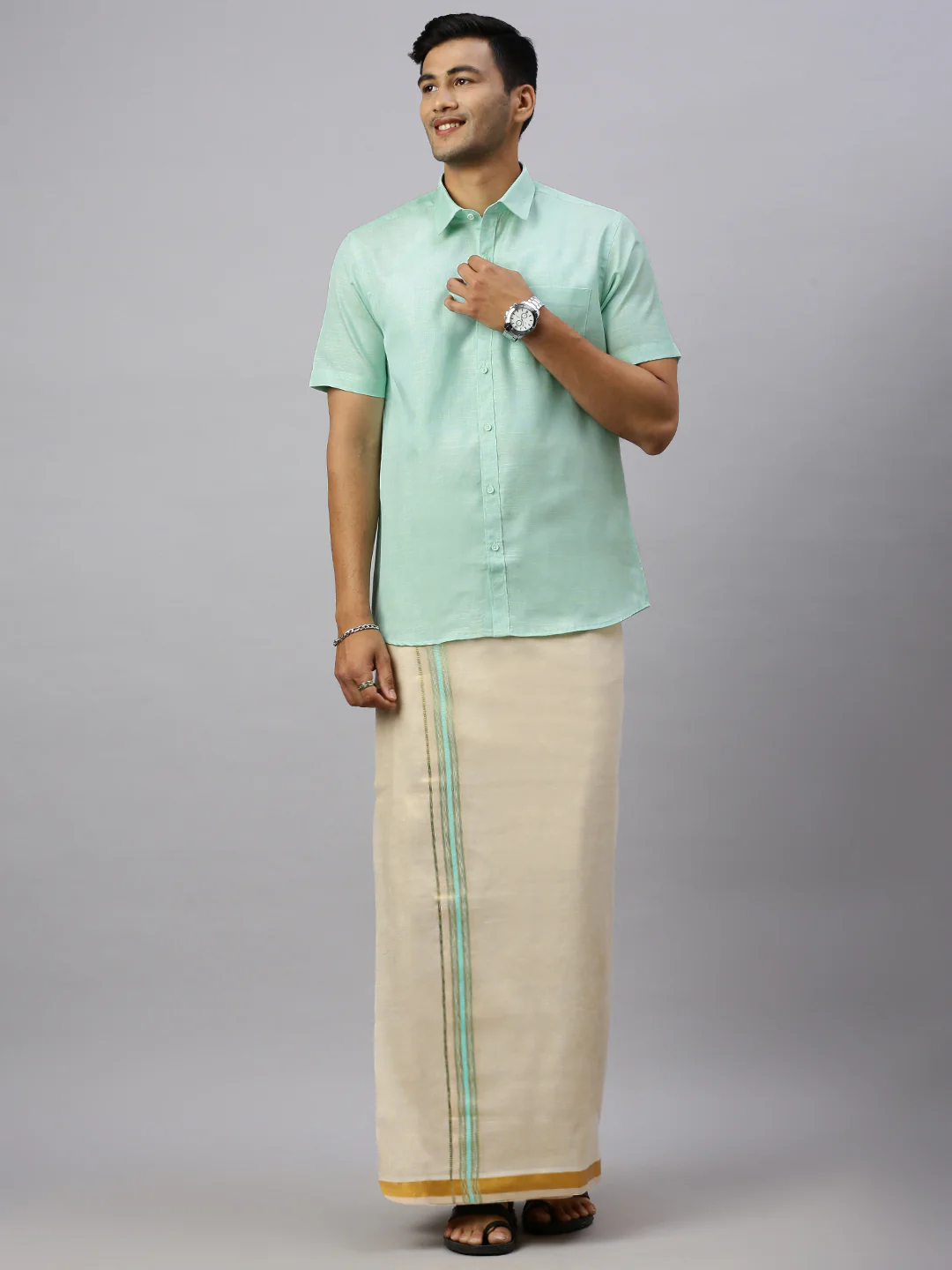 Men Cotton Rich Mint Green Shirt and Tissue Dhoti Set C83 - Image 2