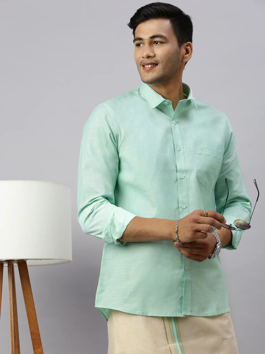 Men Cotton Rich Mint Green Shirt and Tissue Dhoti Set C83 - Image 3