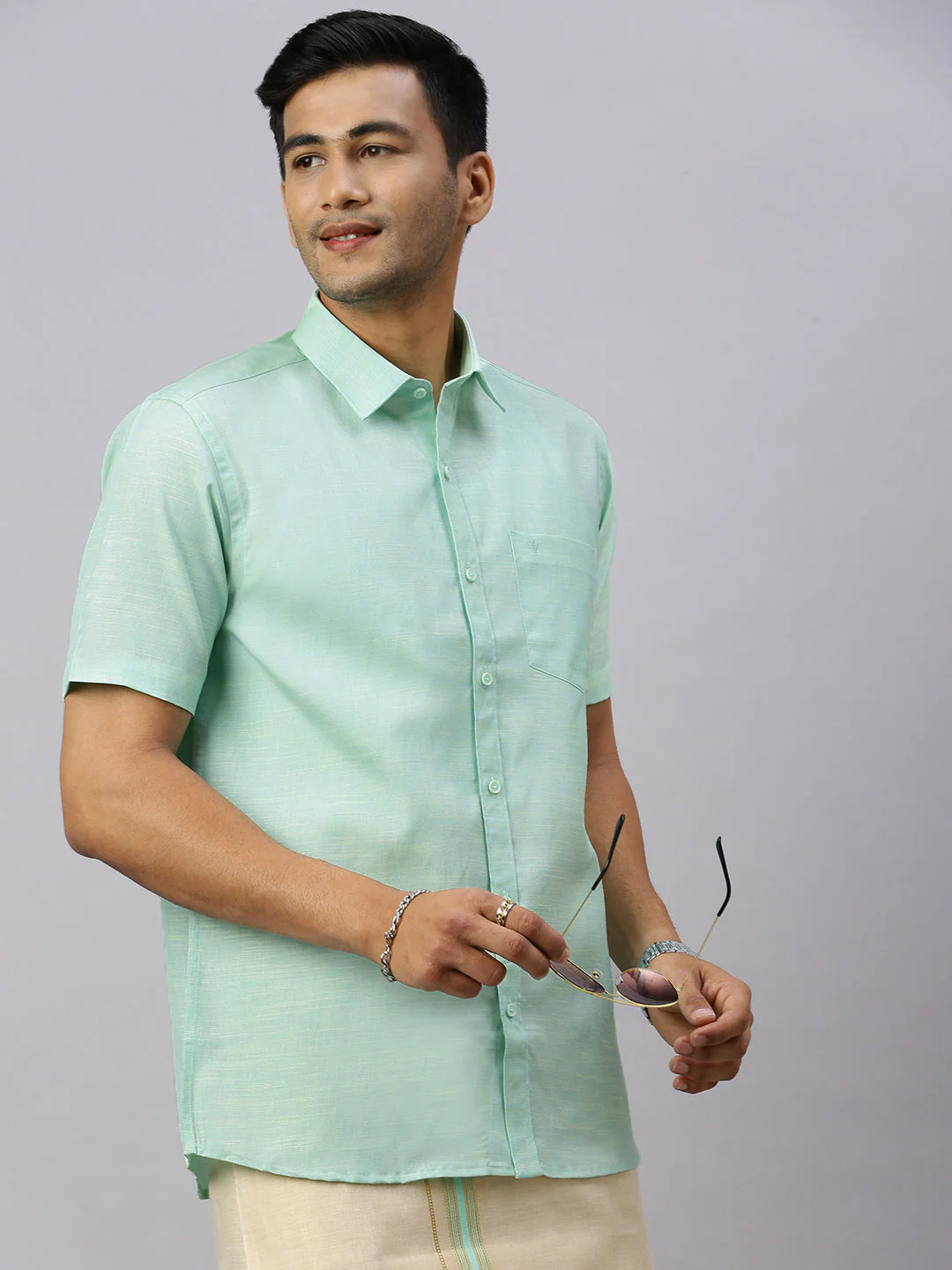 Men Cotton Rich Mint Green Shirt and Tissue Dhoti Set C83 - Image 6