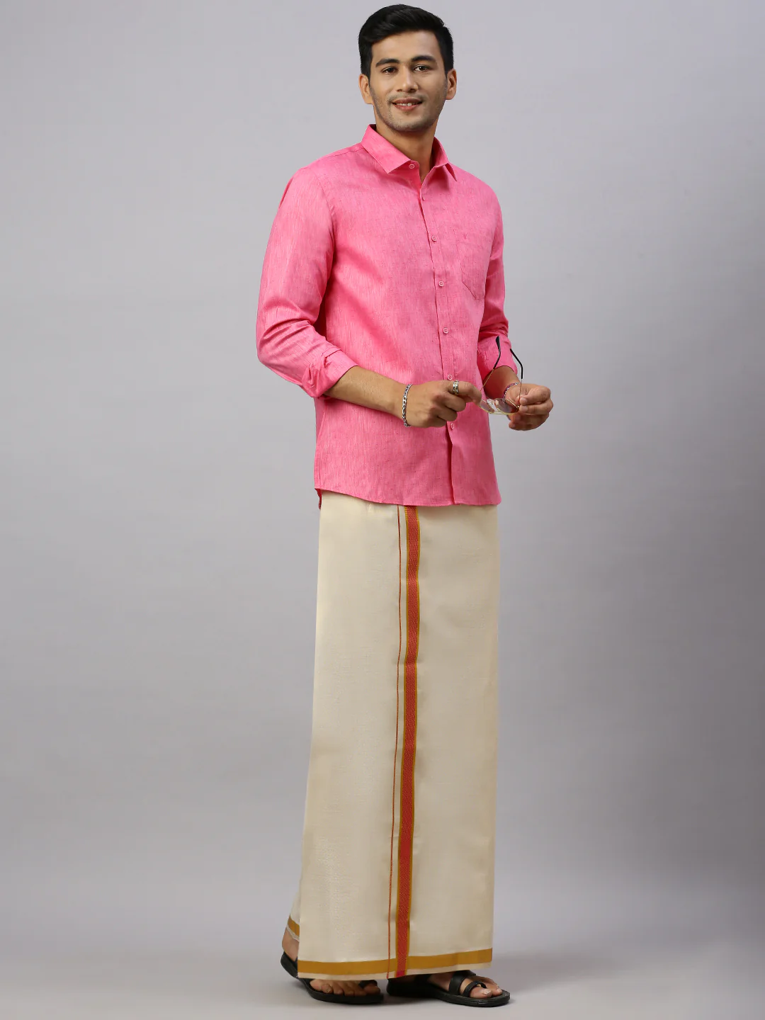Men Cotton Rich Pink Shirt and Tissue Dhoti Set C34 - Image 10