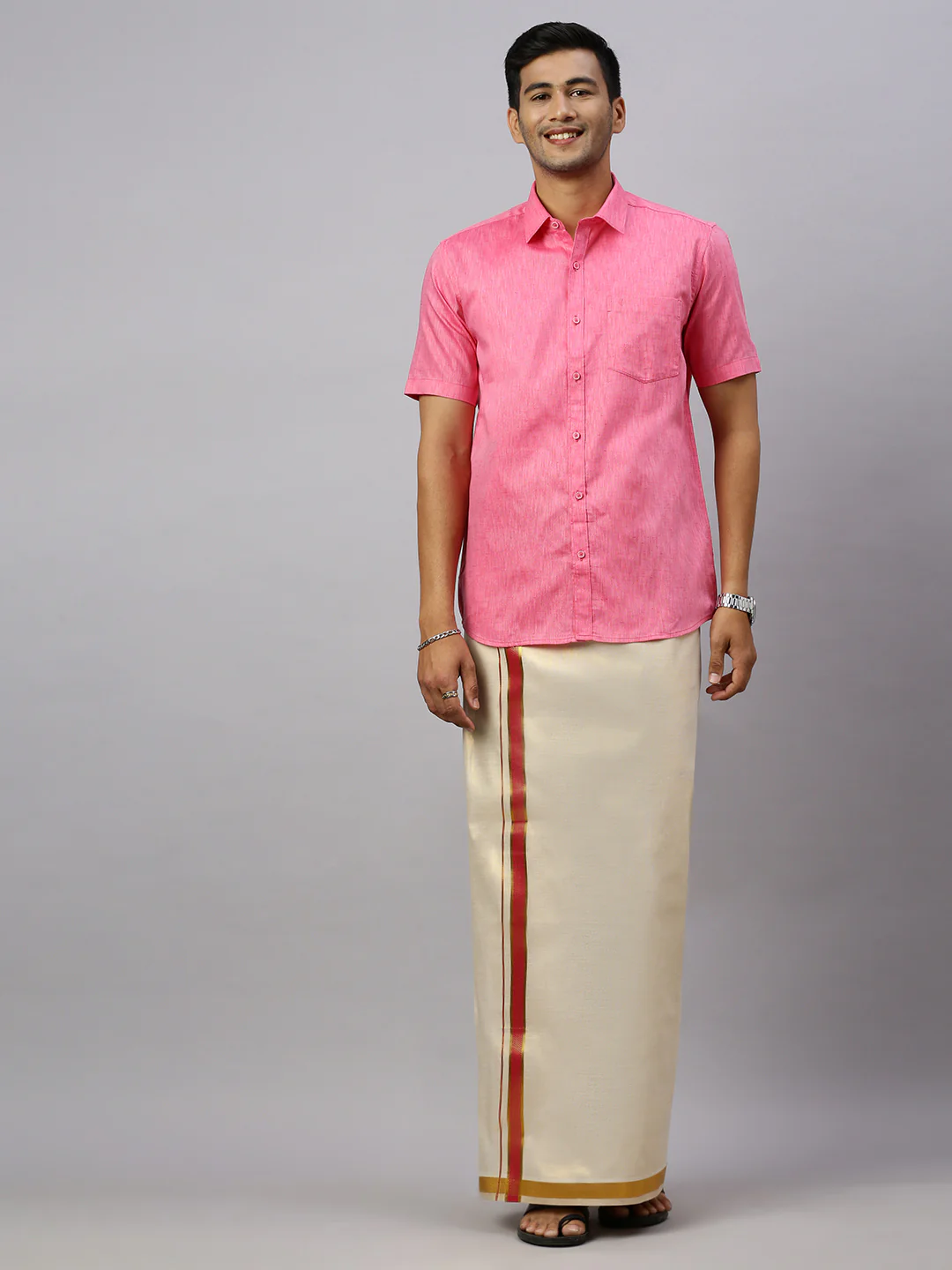 Men Cotton Rich Pink Shirt and Tissue Dhoti Set C34 - Image 2