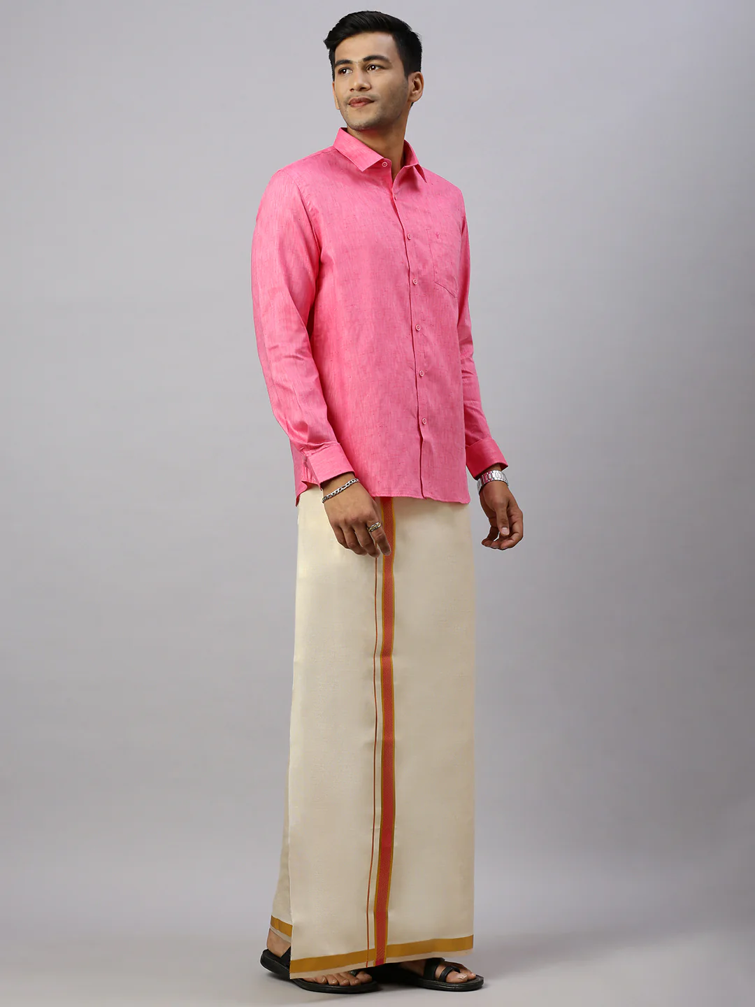 Men Cotton Rich Pink Shirt and Tissue Dhoti Set C34 - Image 3