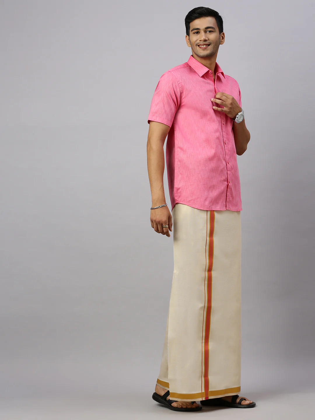 Men Cotton Rich Pink Shirt and Tissue Dhoti Set C34 - Image 4