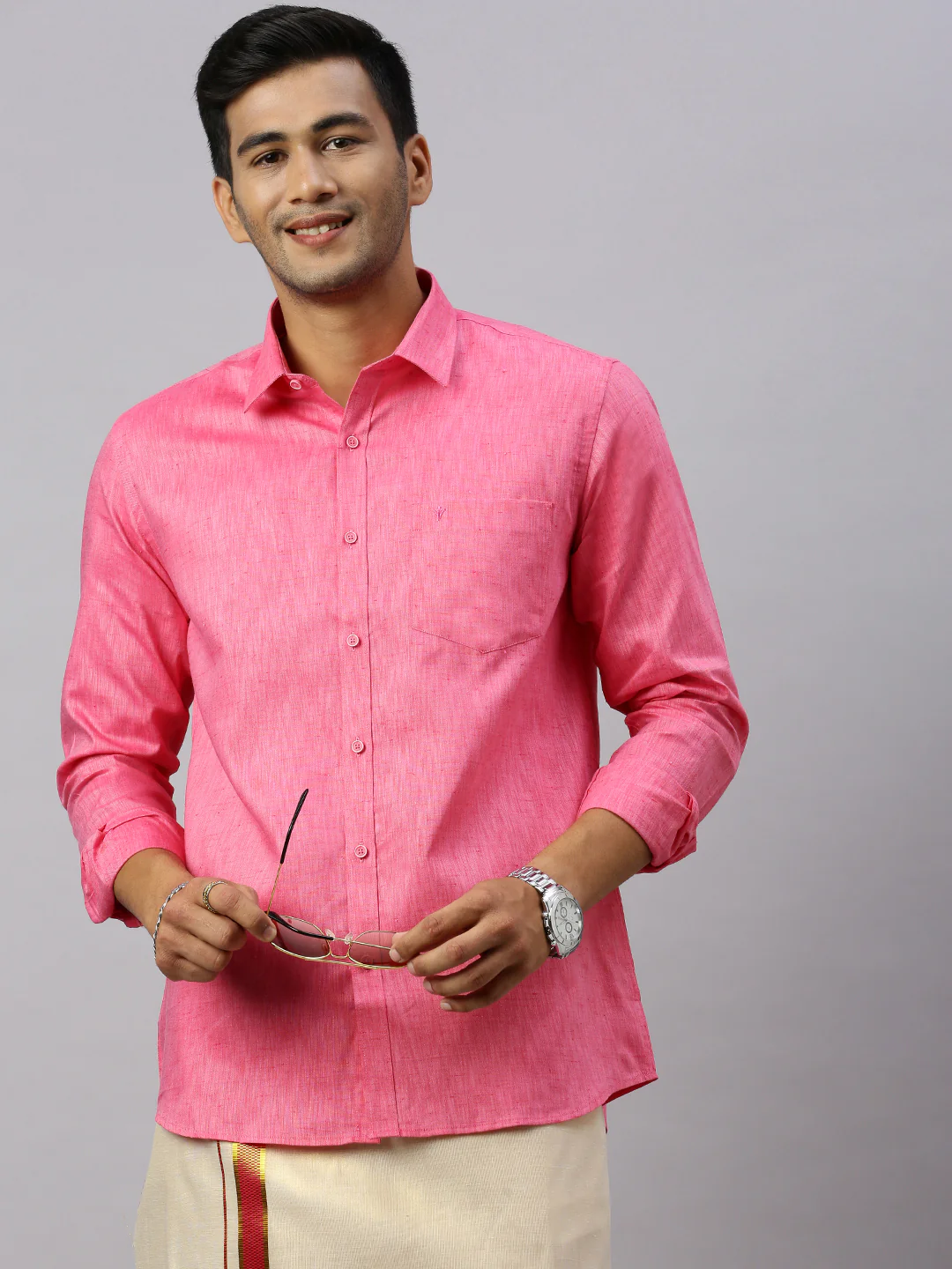 Men Cotton Rich Pink Shirt and Tissue Dhoti Set C34 - Image 6