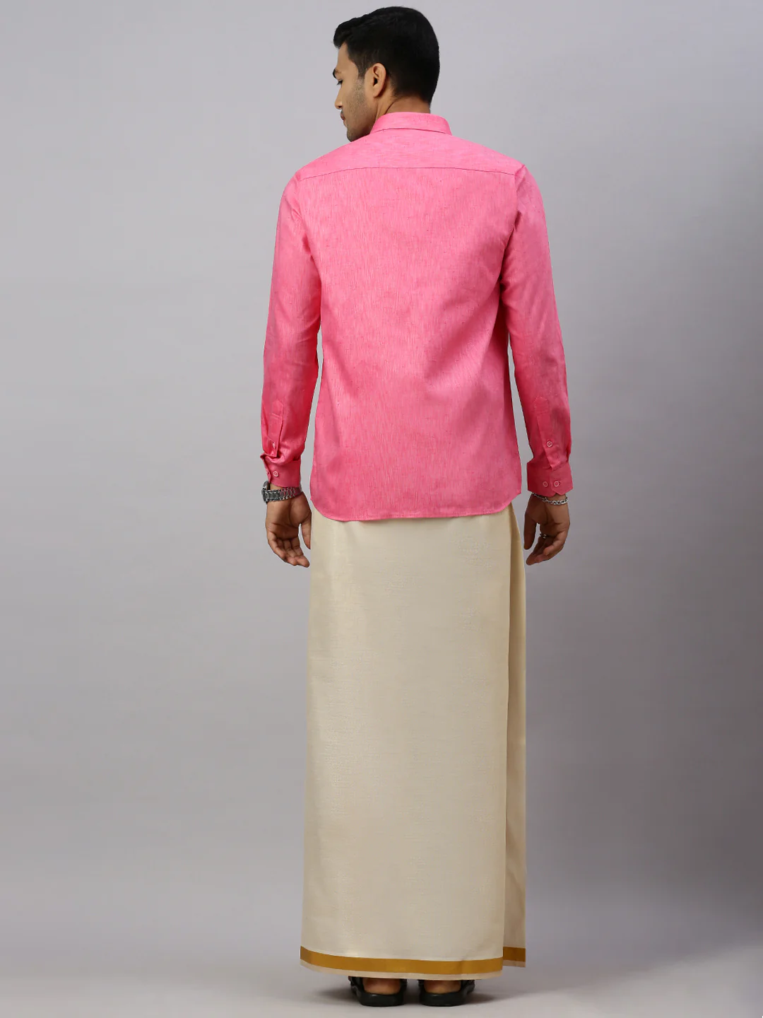 Men Cotton Rich Pink Shirt and Tissue Dhoti Set C34 - Image 8