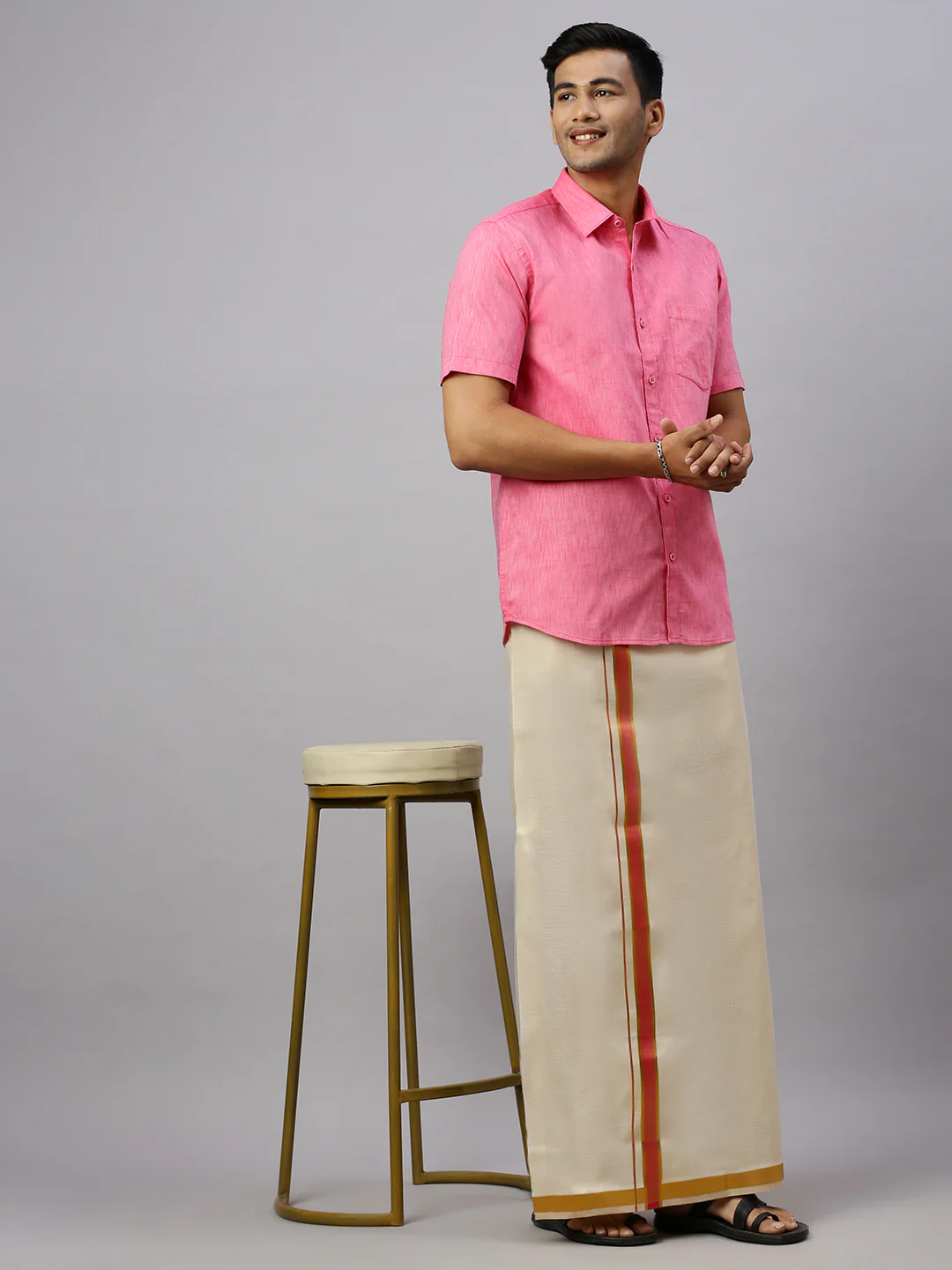 Men Cotton Rich Pink Shirt and Tissue Dhoti Set C34 - Image 9