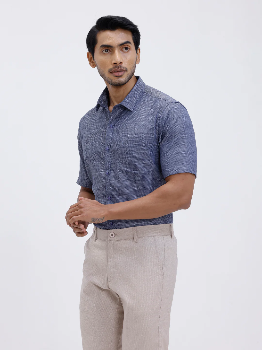 Men Cotton Rich Half Sleeve Shirt Blue Dobby T59 AIT1 - Image 6