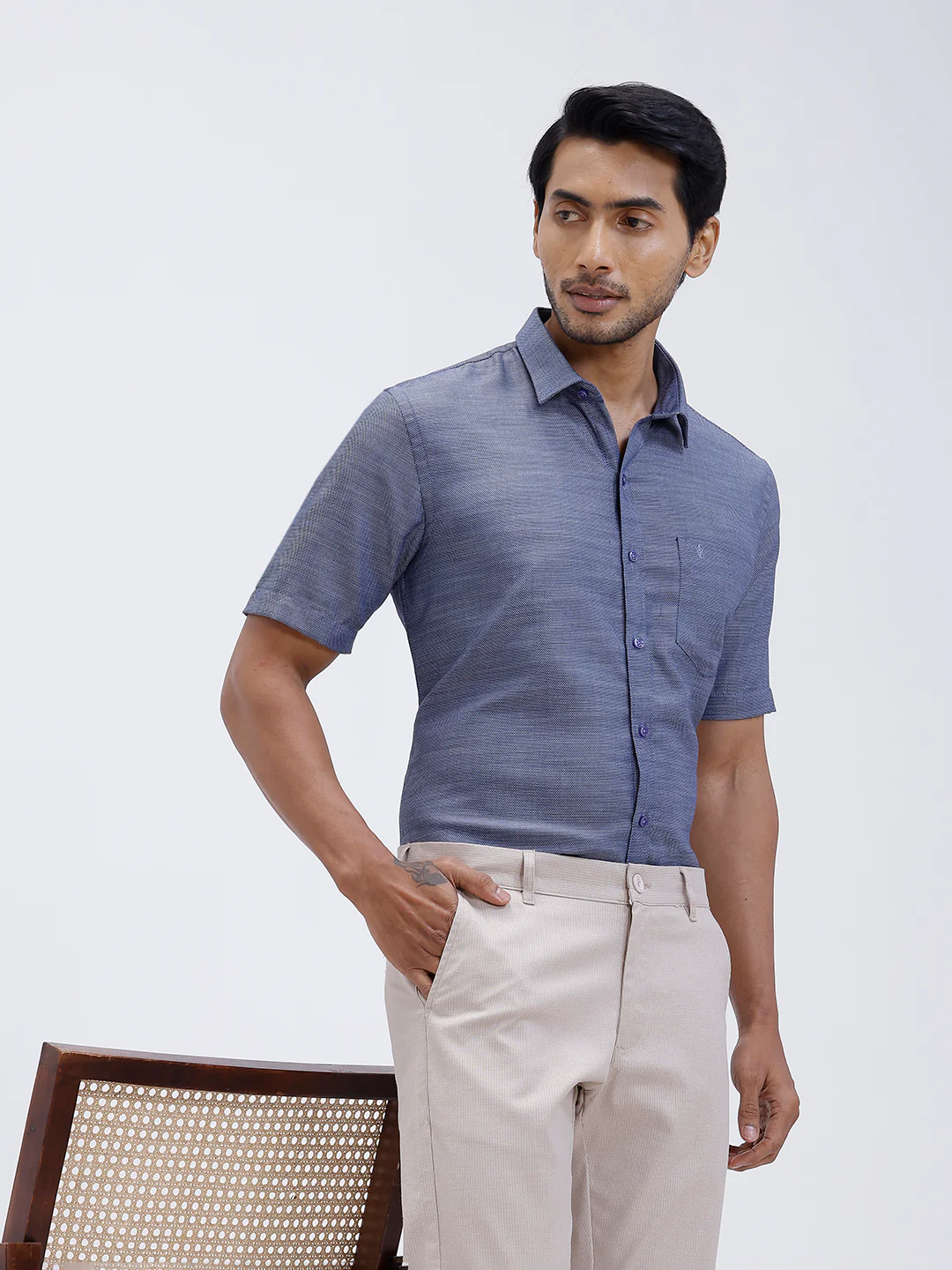 Men Cotton Rich Half Sleeve Shirt Blue Dobby T59 AIT1 - Image 7