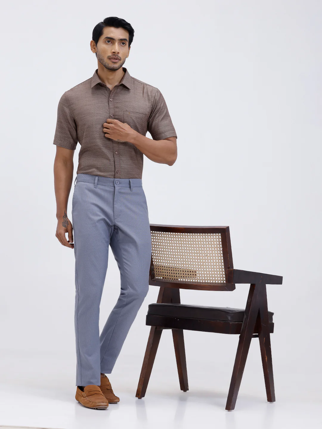 Men Cotton Rich Half Sleeve Shirt Brown Dobby T59 AIT4 - Image 2