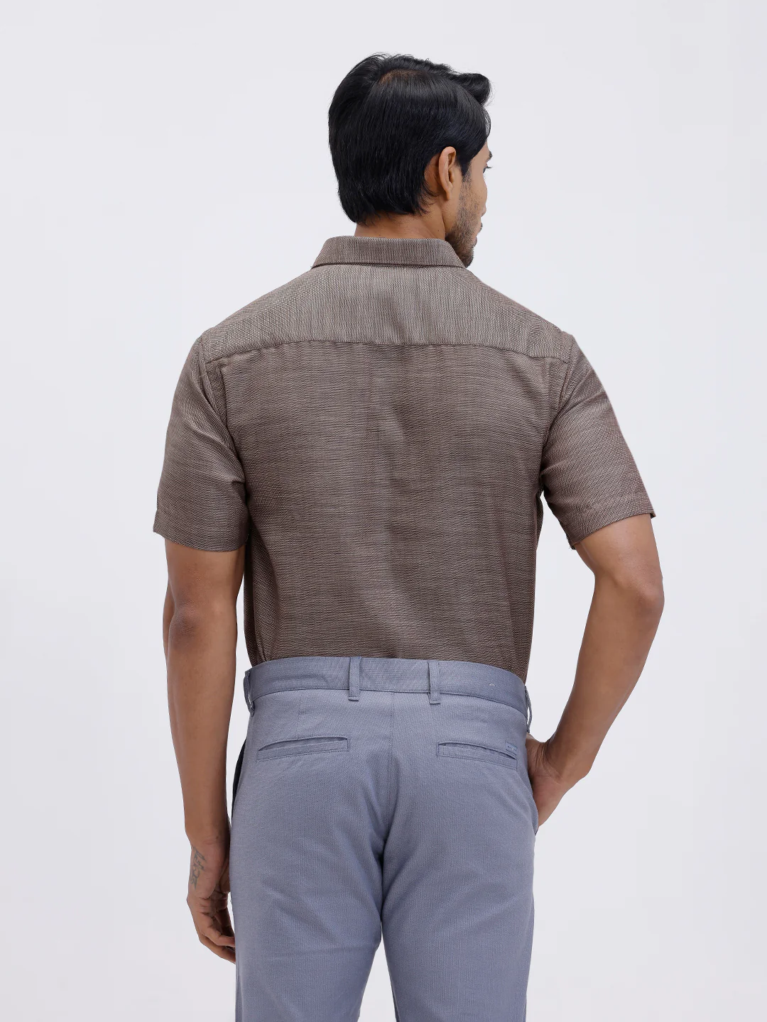 Men Cotton Rich Half Sleeve Shirt Brown Dobby T59 AIT4 - Image 4