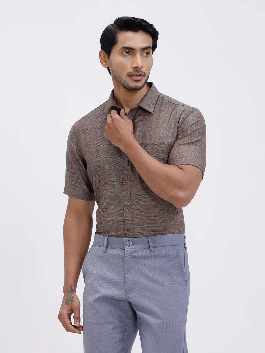 Men Cotton Rich Half Sleeve Shirt Brown Dobby T59 AIT4 - Image 5