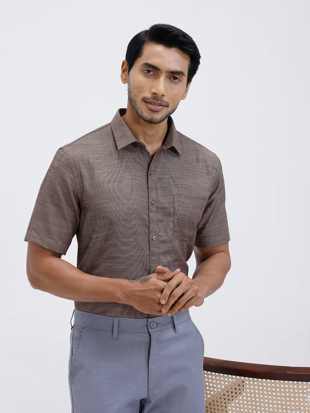 Men Cotton Rich Half Sleeve Shirt Brown Dobby T59 AIT4 - Image 7