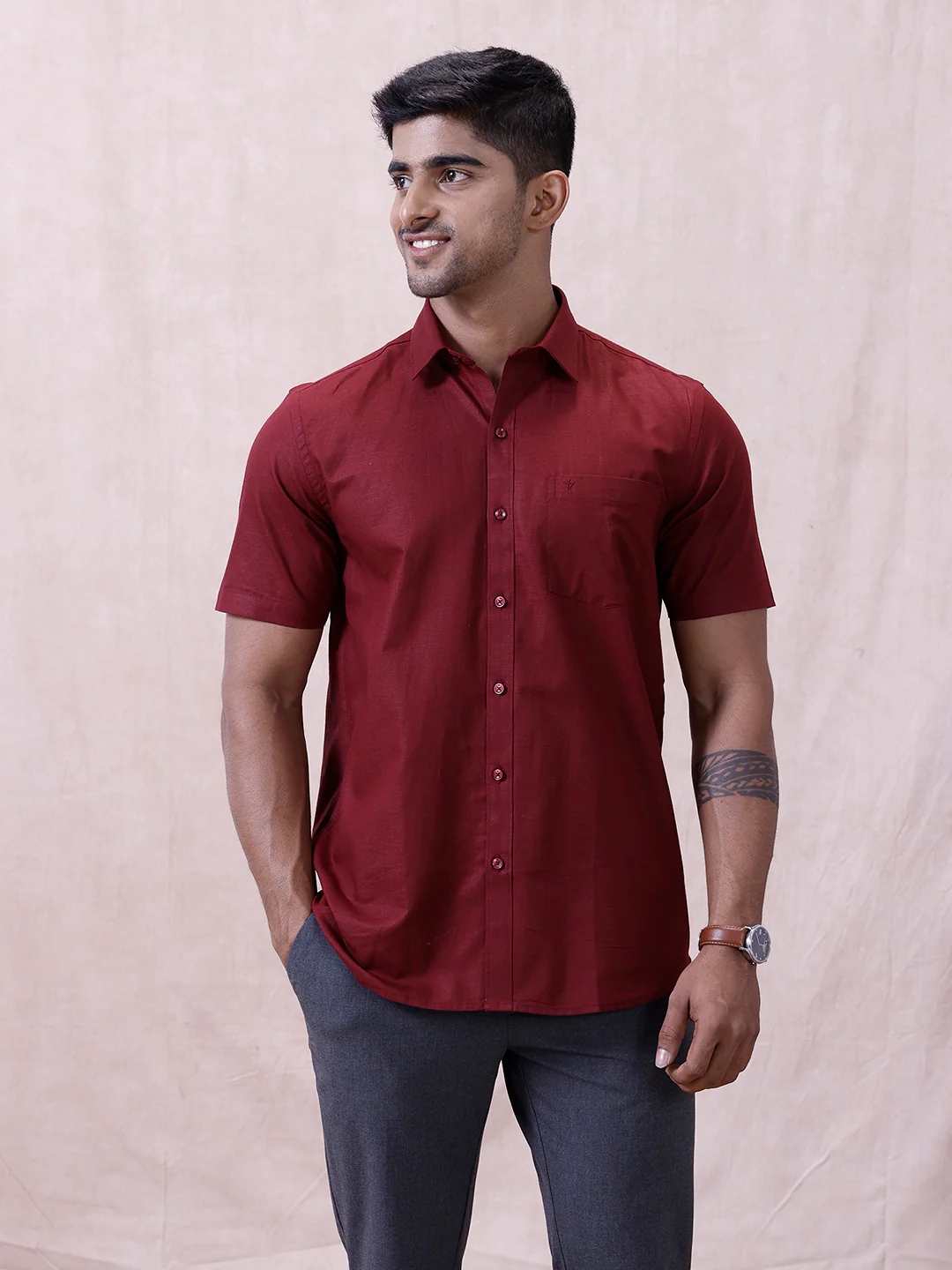 Men Cotton Rich Shirt DK Berry Red T64 ANT8 - Image 2
