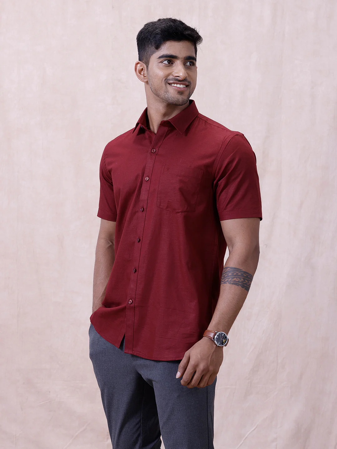 Men Cotton Rich Shirt DK Berry Red T64 ANT8 - Image 4