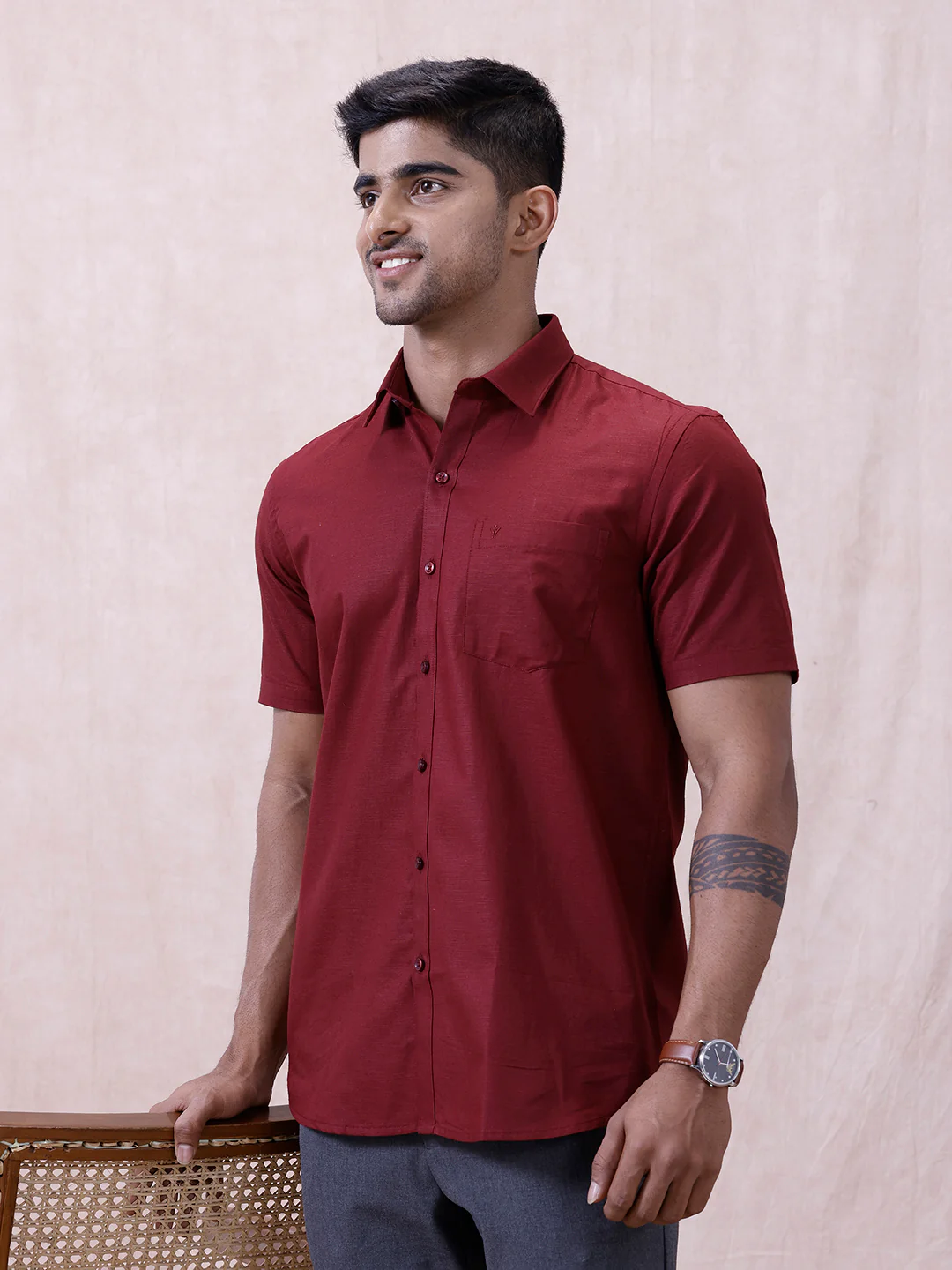 Men Cotton Rich Shirt DK Berry Red T64 ANT8 - Image 7