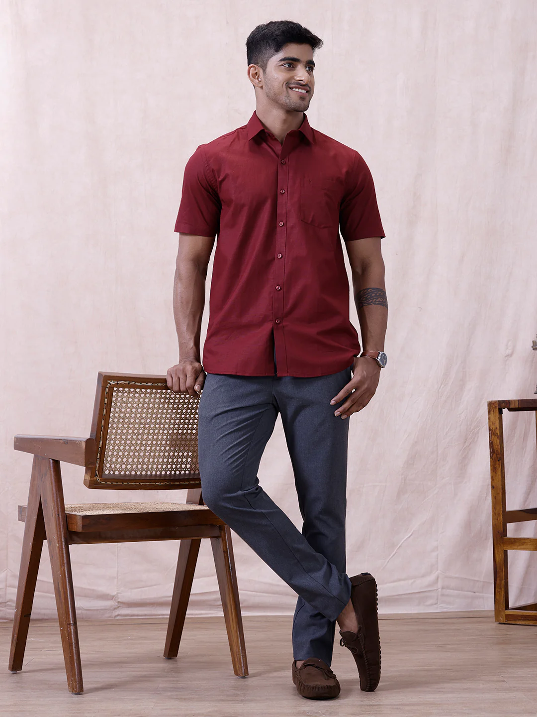 Men Cotton Rich Shirt DK Berry Red T64 ANT8 - Image 9