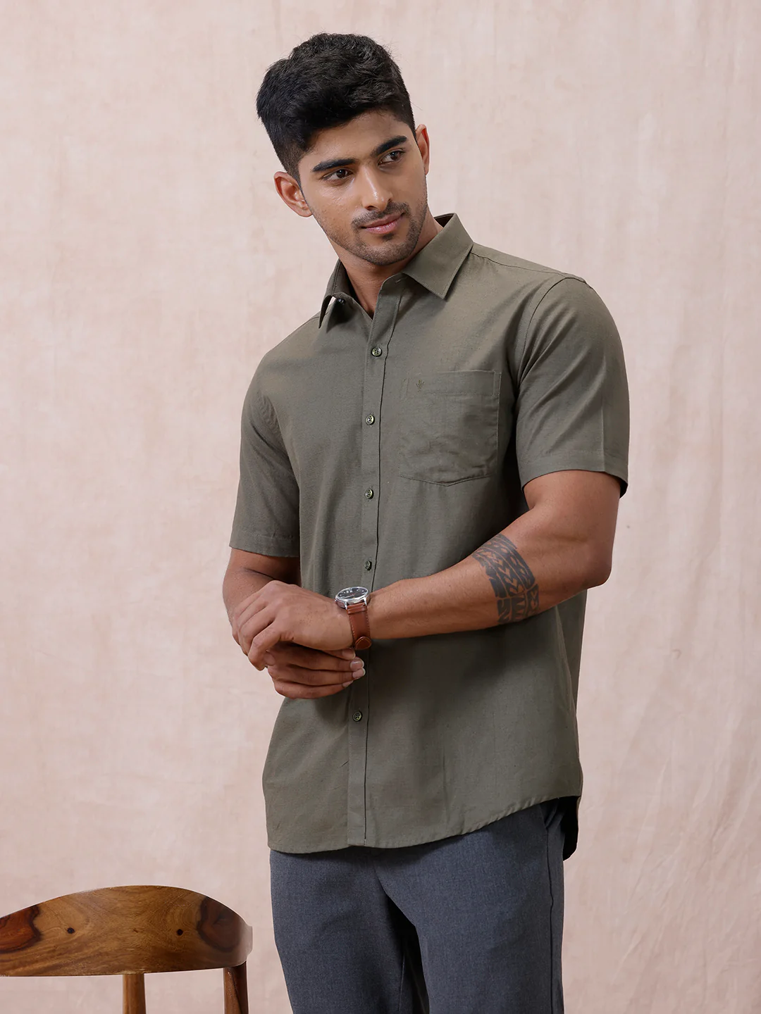 Men Cotton Rich Shirt DK Leaf Green T64 ANT9 - Image 4