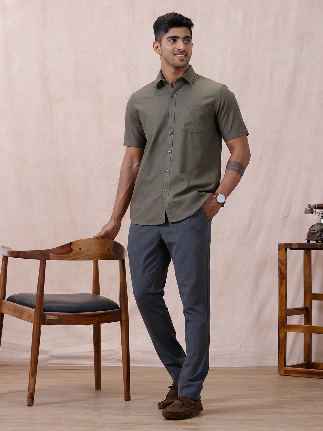 Men Cotton Rich Shirt DK Leaf Green T64 ANT9 - Image 9