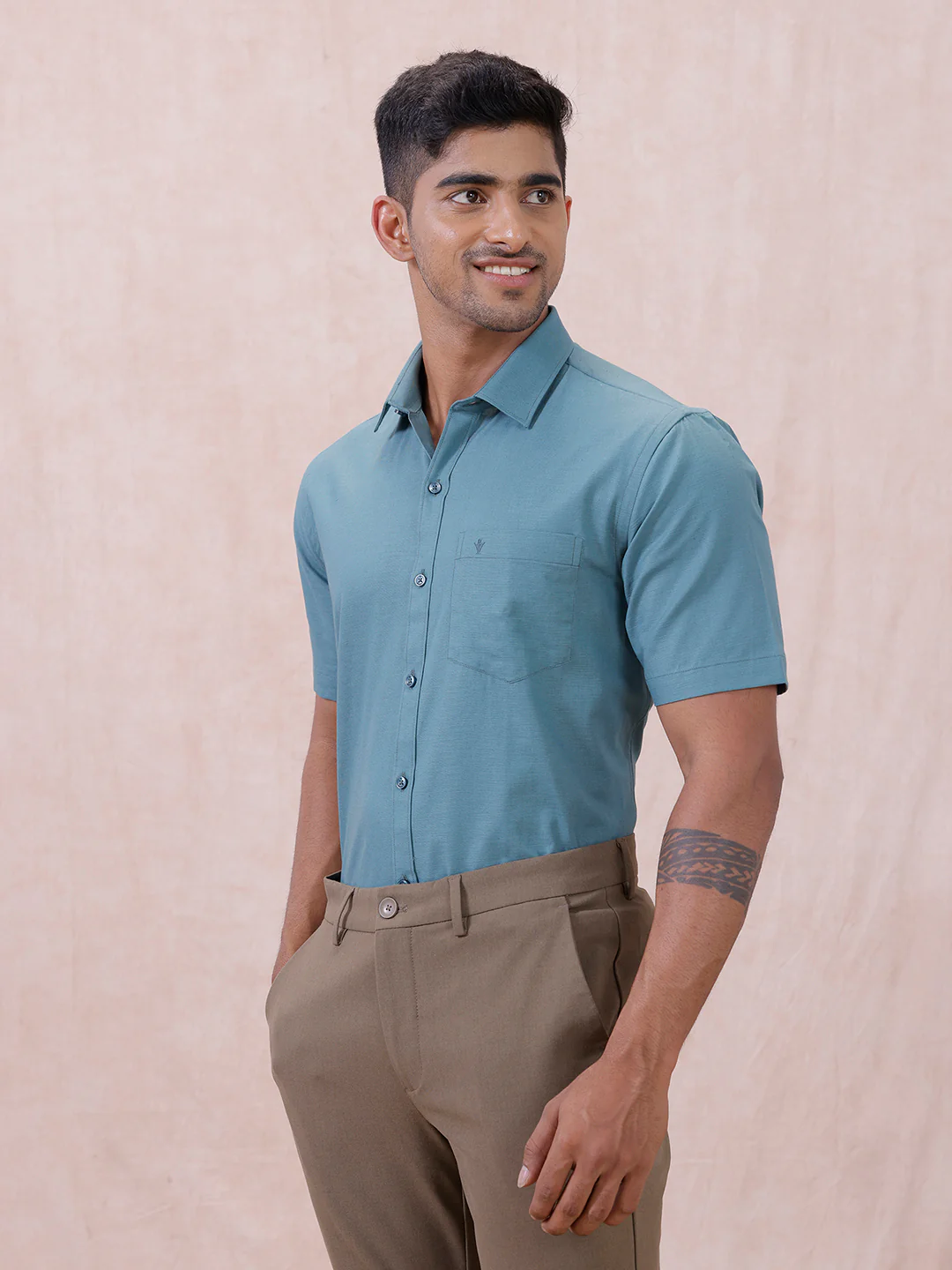 Men Cotton Rich Shirt DK Teal Green T64 ANT7 - Image 4