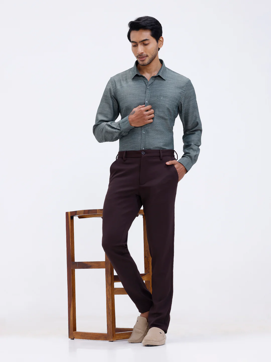 Men Cotton Rich Full Sleeve Shirt Green Dobby T59 AIT3 - Image 2