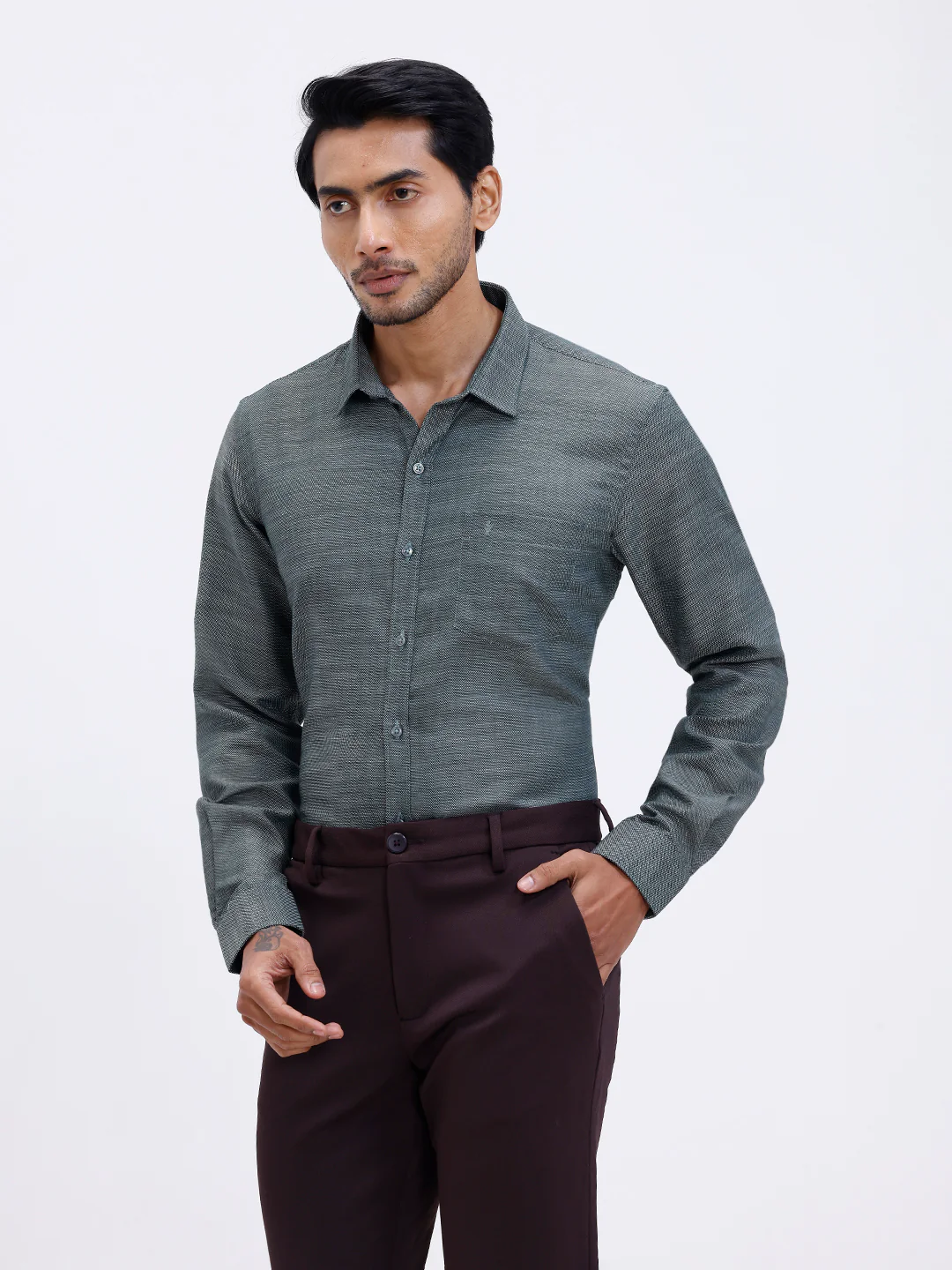 Men Cotton Rich Full Sleeve Shirt Green Dobby T59 AIT3 - Image 4