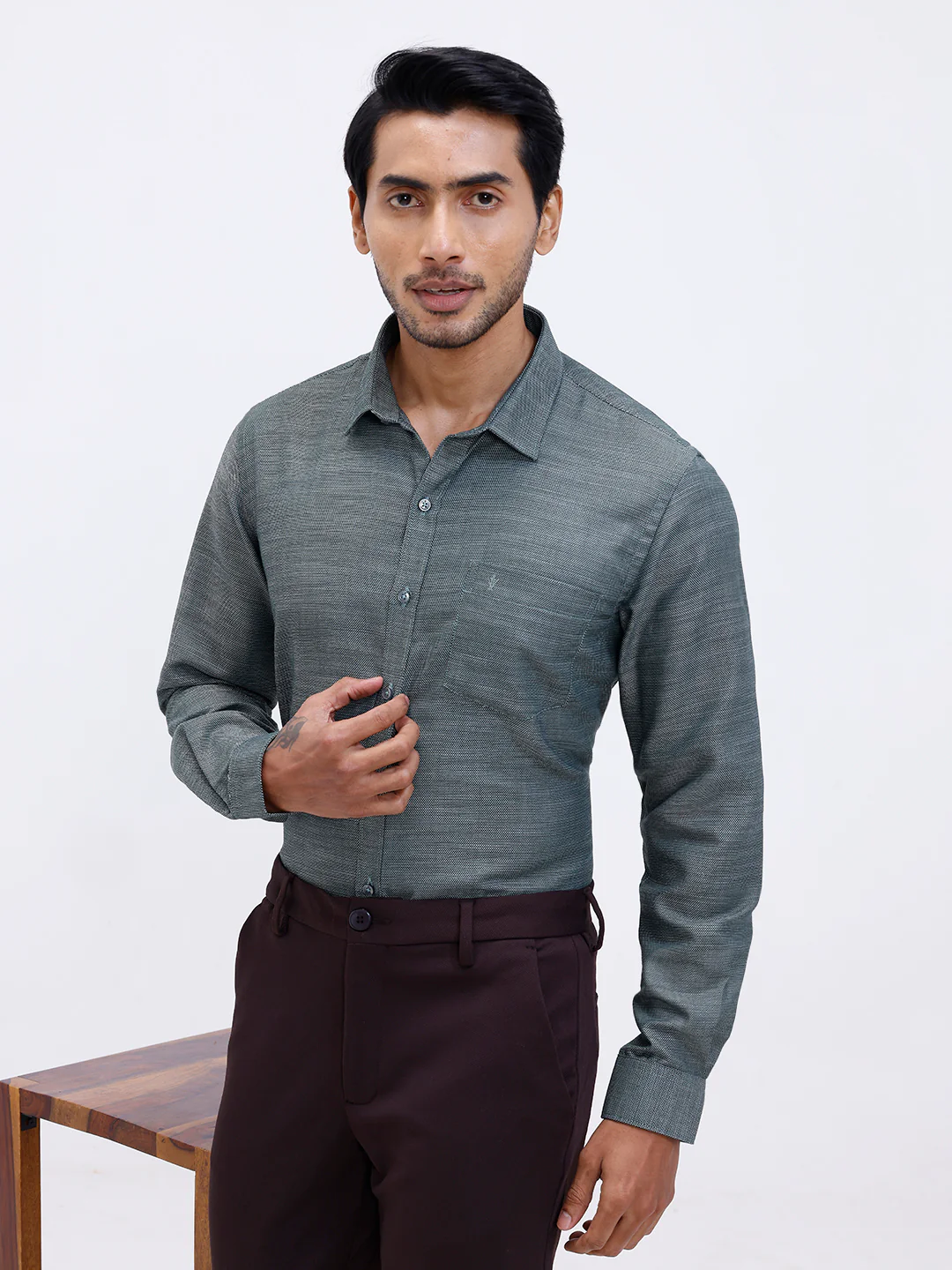 Men Cotton Rich Full Sleeve Shirt Green Dobby T59 AIT3 - Image 7