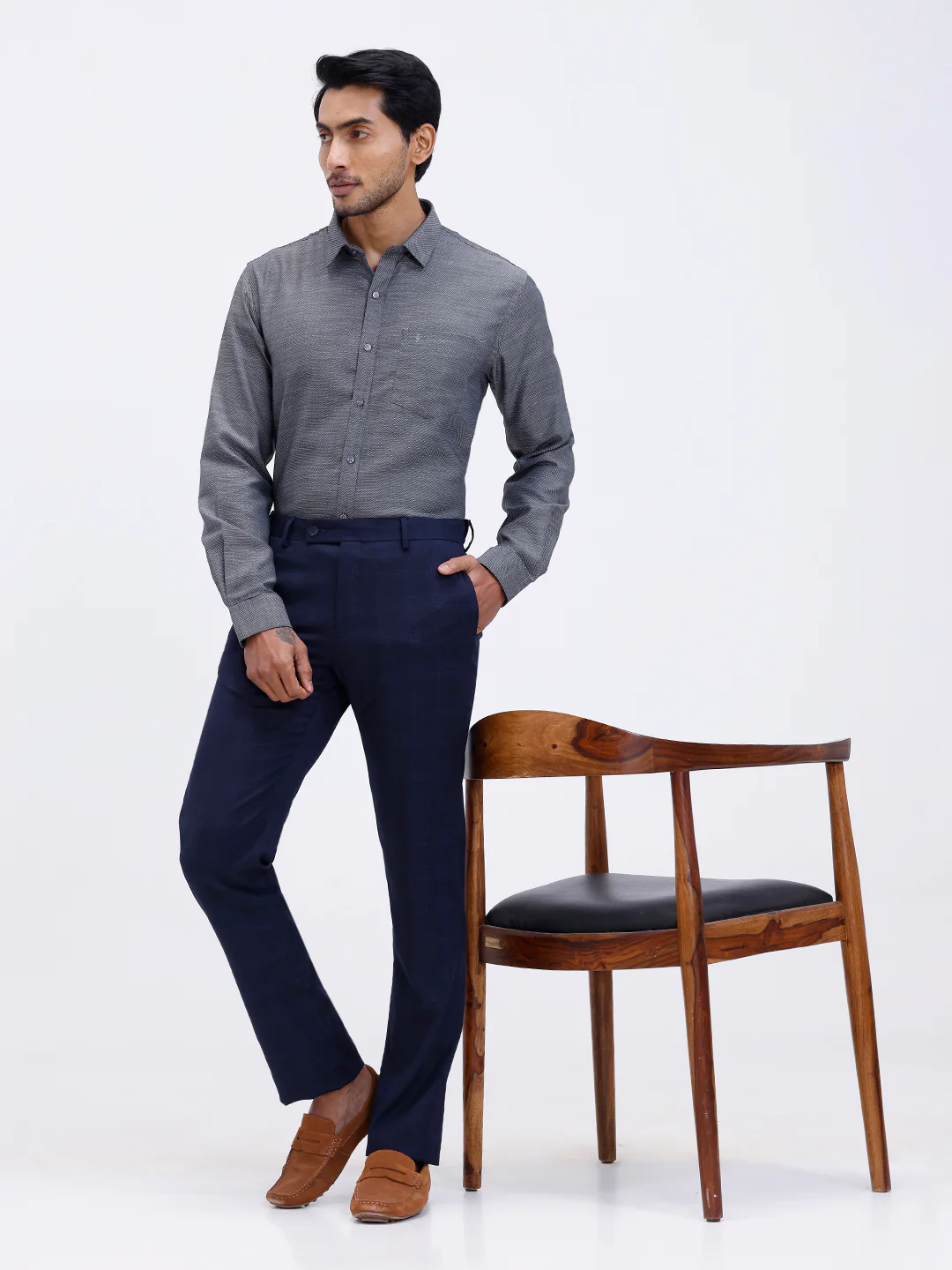 Men Cotton Rich Full Sleeve Shirt Grey Black Dobby T59 AIT5 - Image 2