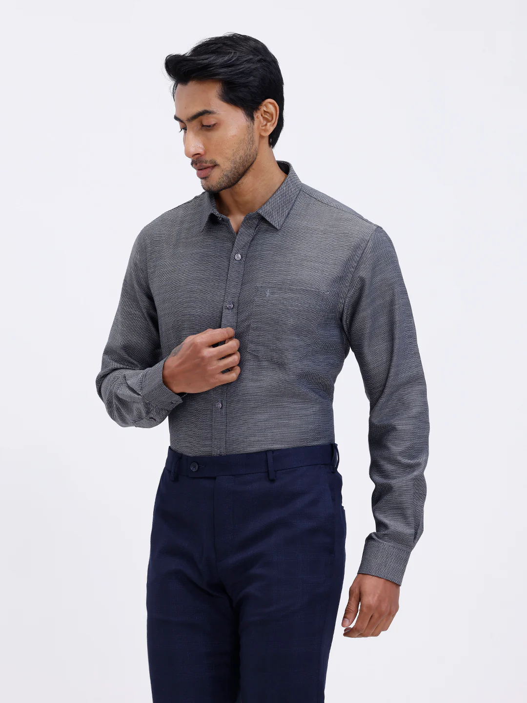 Men Cotton Rich Full Sleeve Shirt Grey Black Dobby T59 AIT5 - Image 4