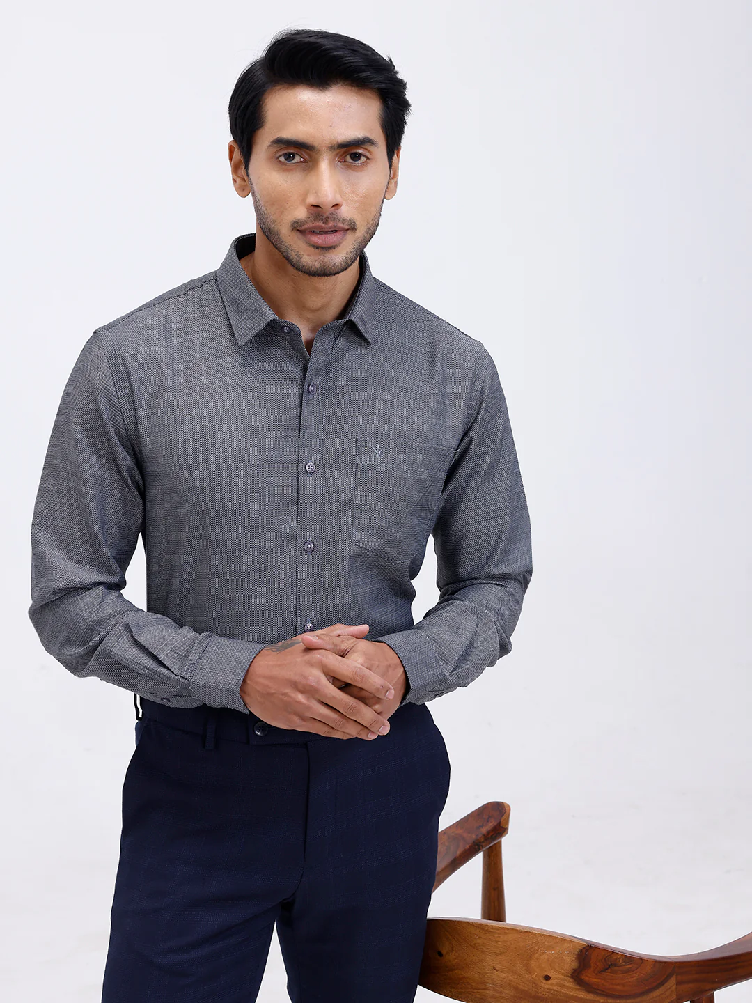 Men Cotton Rich Full Sleeve Shirt Grey Black Dobby T59 AIT5 - Image 7