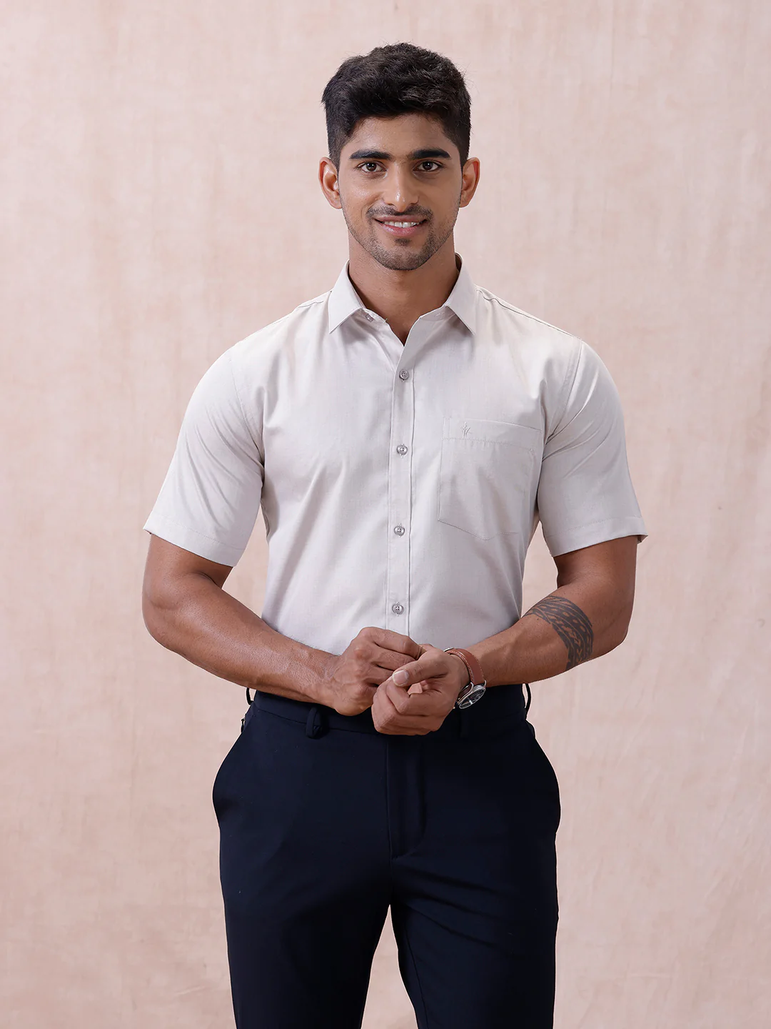 Men Cotton Rich Shirt LT Beige Grey T61 AKT5 - Image 2