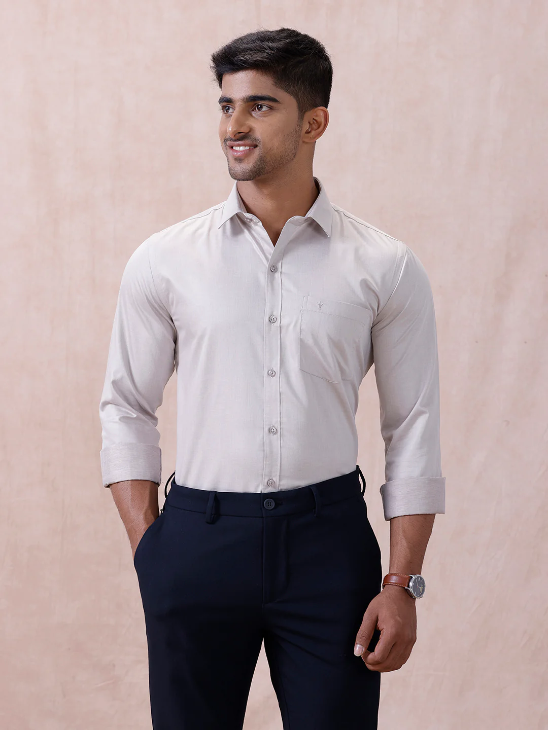 Men Cotton Rich Shirt LT Beige Grey T61 AKT5 - Image 3