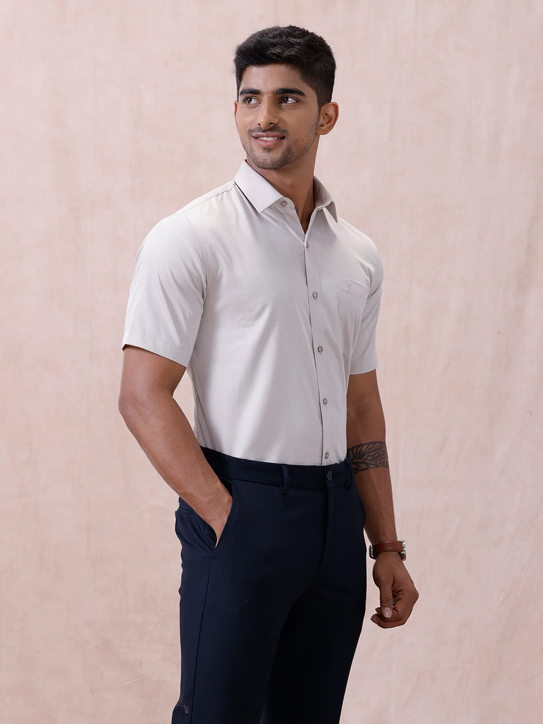Men Cotton Rich Shirt LT Beige Grey T61 AKT5 - Image 7