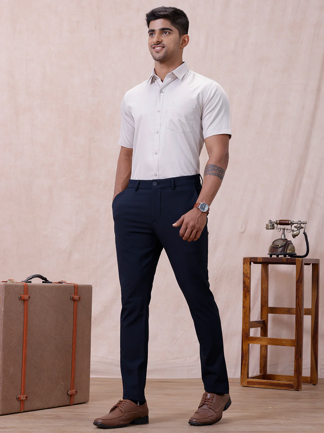 Men Cotton Rich Shirt LT Beige Grey T61 AKT5 - Image 8